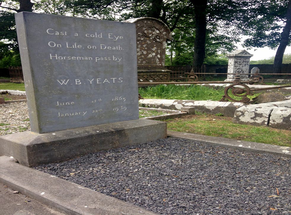 <p>WB Yeats is buried at Drumcliffe Church in County Sligo, where part of his poem ‘Under Ben Bulben’ adorns the headstone</p>