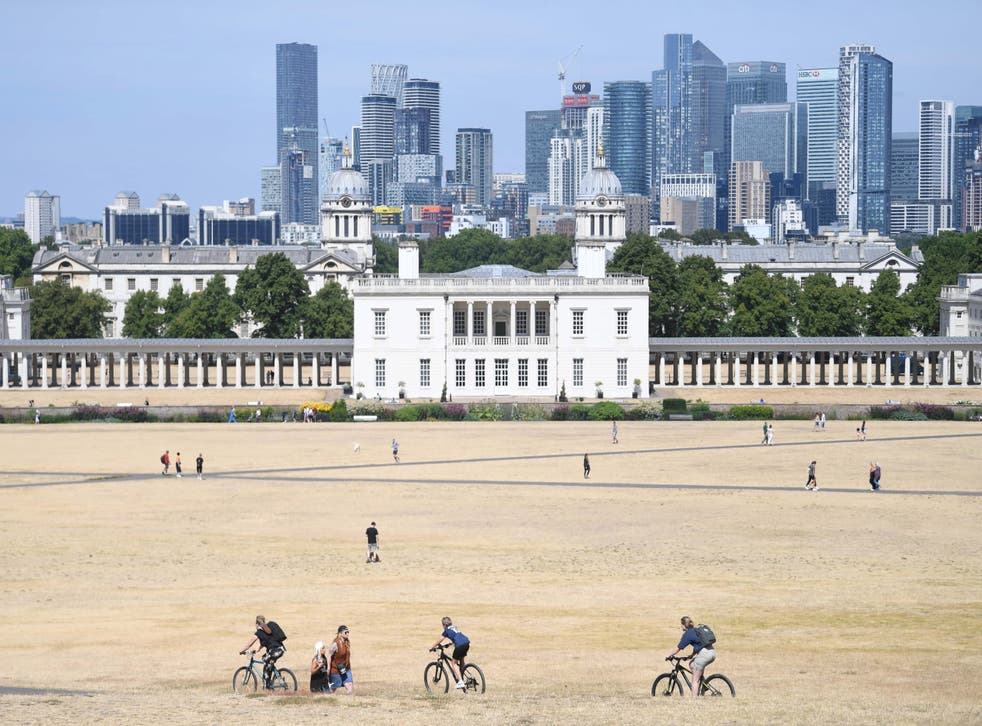 <p>People walk on the parched grass in Greenwich Park in south-east London</p>