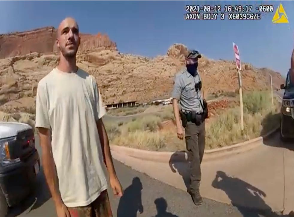 <p>Brian Laundrie talks to officers from Moab police during the police stop on 12 August  last year </s>