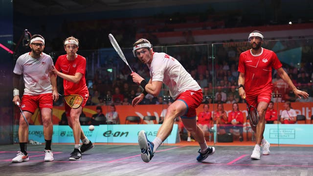 James Willstrop and Declan James of Team England compete with Adrian Waller and Daryl Selby of Team England during the squash men’s doubles gold medal match on the last day of the Commonwealth Games