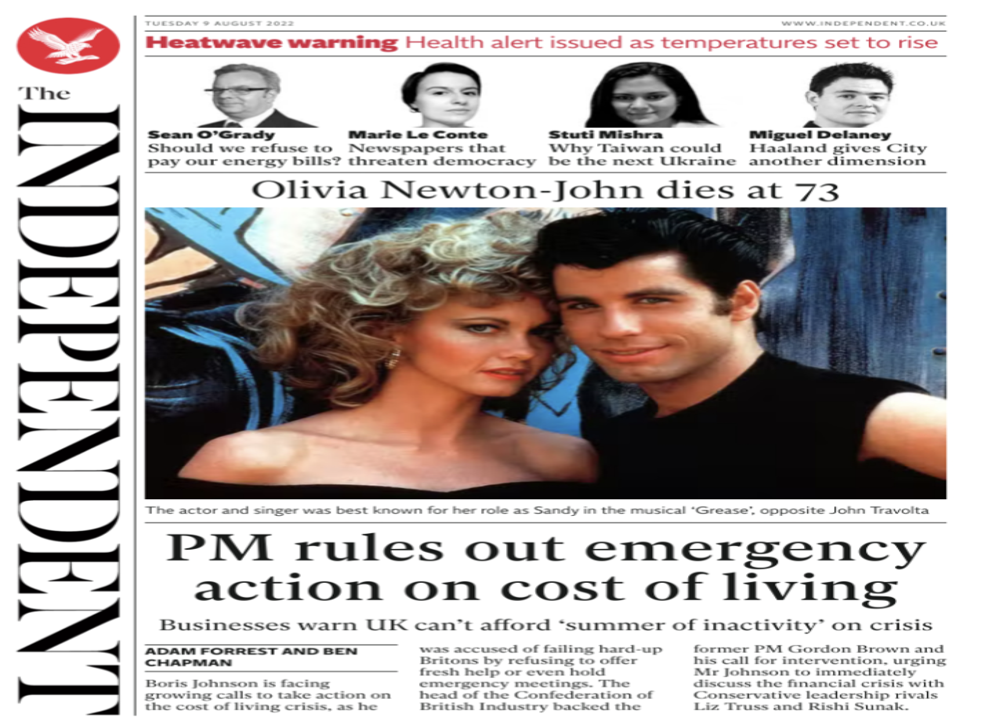 <p>Independent front page 9 August </p>