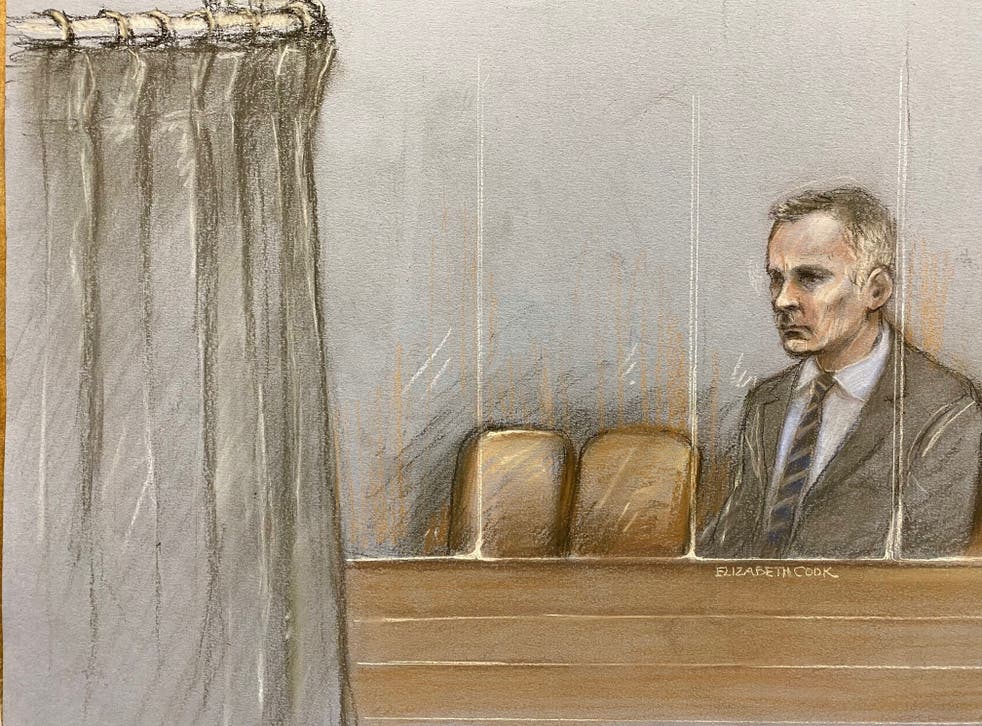 <p>Court artist sketch by Elizabeth Cook of Giggs in court as Greville gave evidence behind a curtain</s>