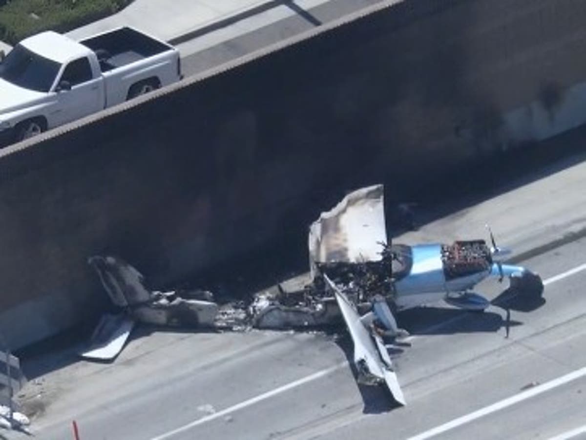 Small plane crashes onto California freeway and bursts into flames