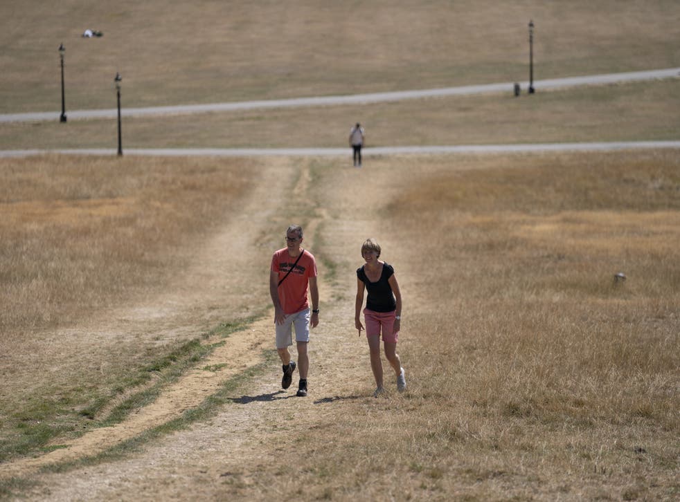 People enjoy the hot weather on Primrose Hill in London where the grass is dry due to lack of water (Kirsty O’Connor/PA)