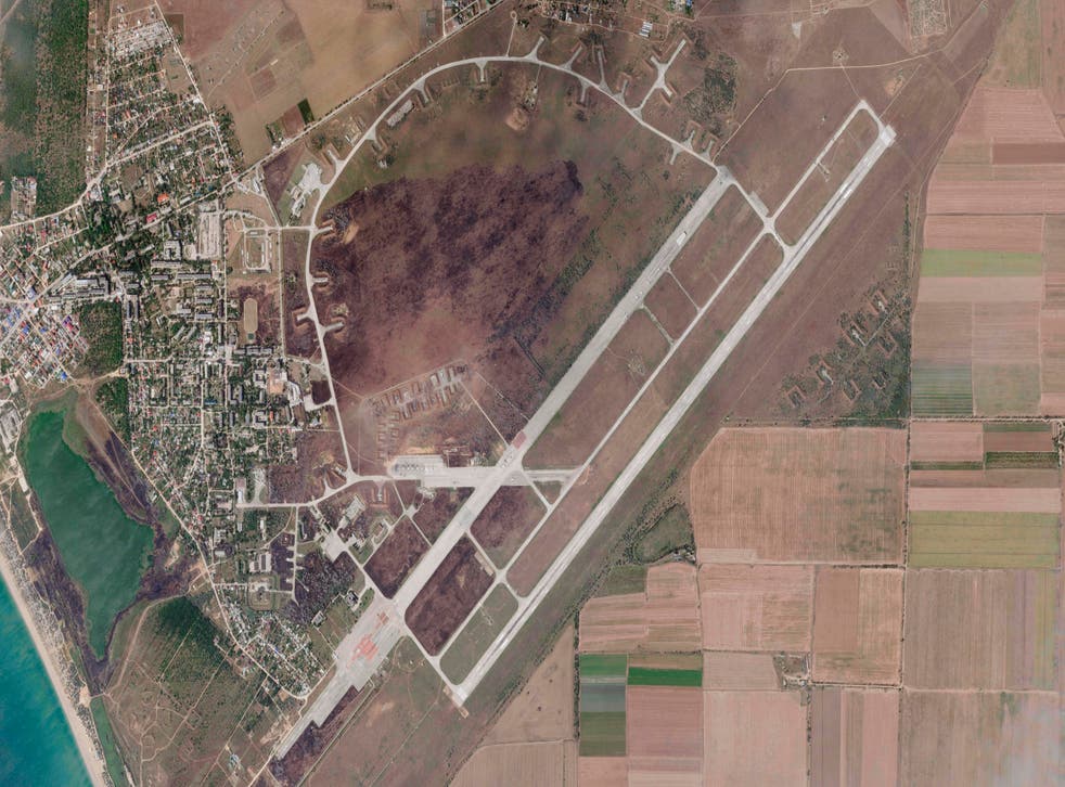 <p>A satellite image by Planet Labs PBC shows Saki Air Base after an explosion there</bl>