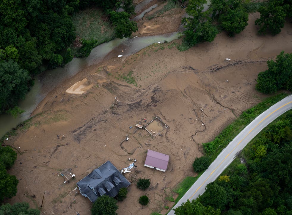 <p>In this aerial view, flood damage is visible as the Kentucky National Guard fly a recon and rescue mission on July 30, 2022 in Breathitt County near Jackson, Kentucky</s>