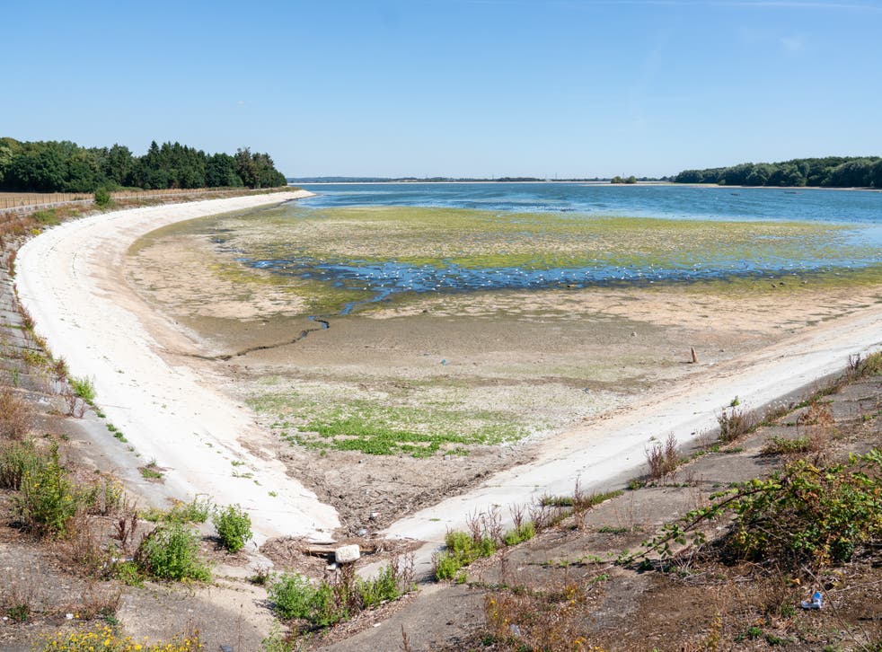 Níveis de água reduzidos no reservatório de Hanningfield, em Essex (Dominic Lipinski/PA)