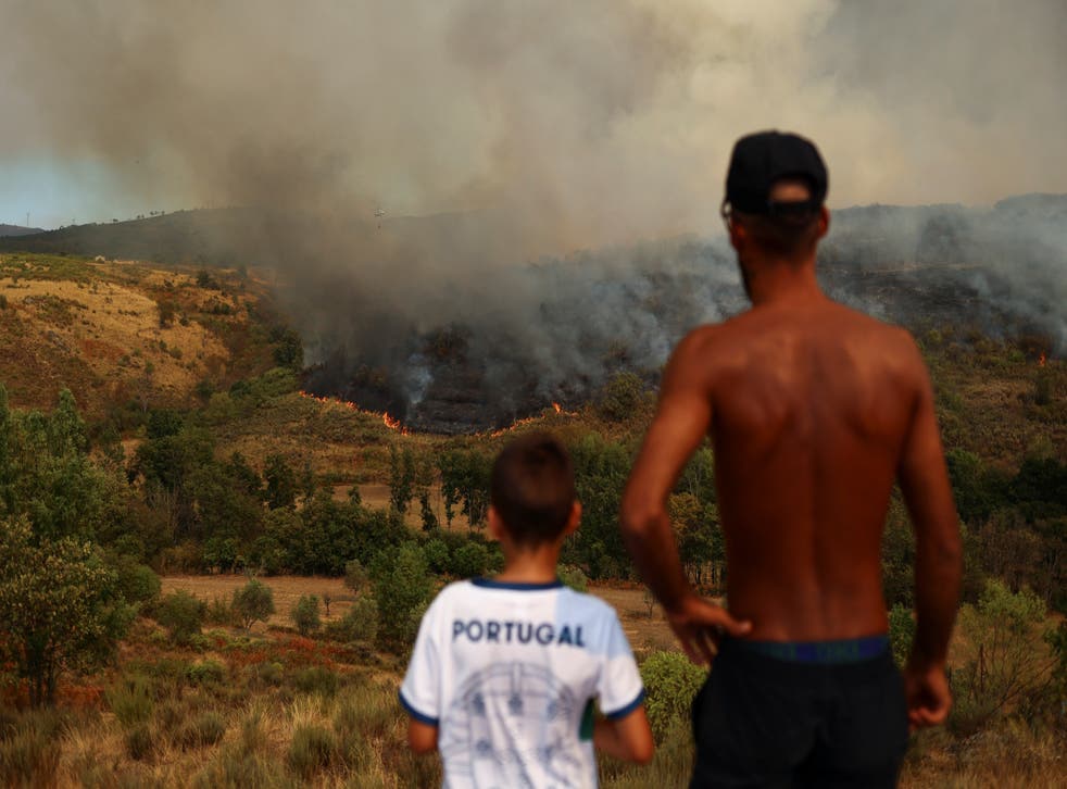 <p>A man and a child watch a wildfire in Carrapichana, Celorico da Beira, 葡萄牙<磷p>