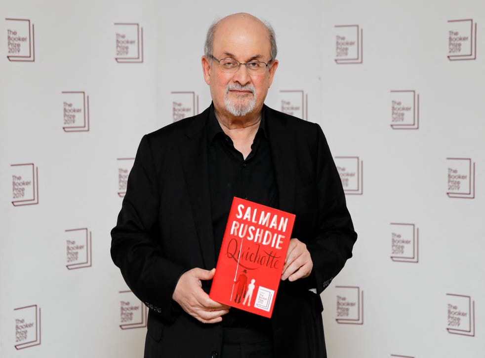 <p>Salman Rushdie holds a copy of his Quichotte in 2019 </bl>
