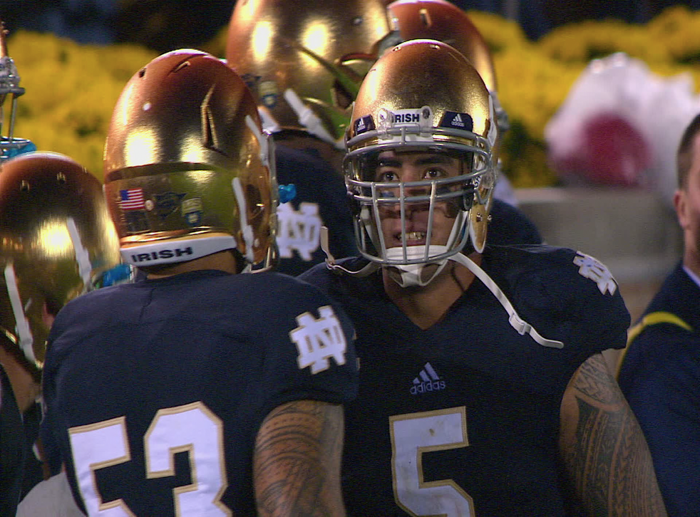 <p>Manti Te’o, pictured in the Number 5 jersey, was a lauded linebacker who played for the University of Notre Dame from the 2009 par 2012 seasons </p&gtp