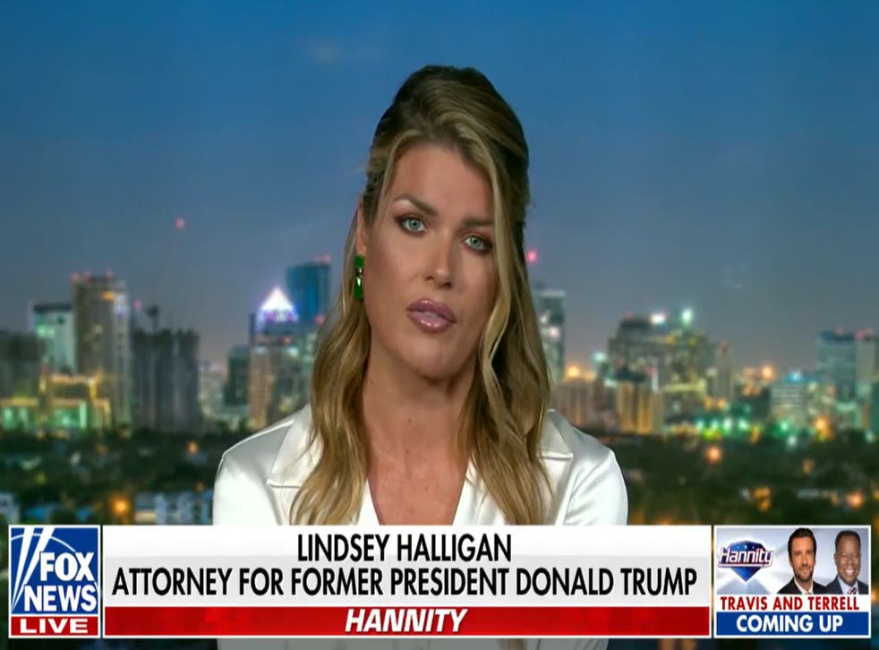 <p>Lindsey Halligan, an attorney representing former president Donald Trump, speaks on Fox News </s>