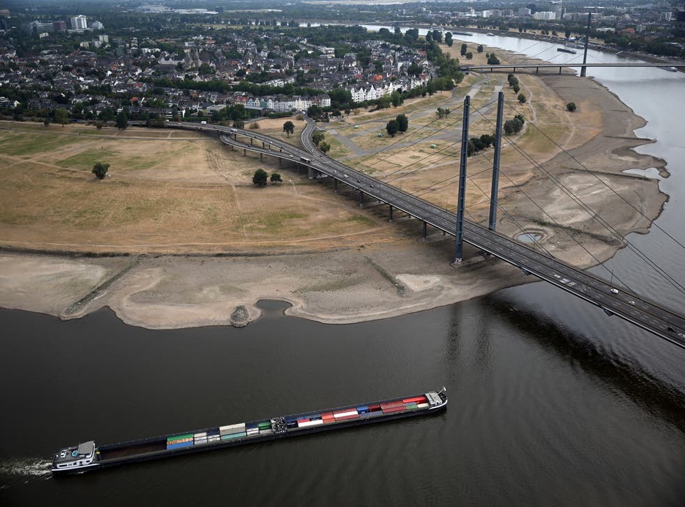 <p>A cargo ship on the depleted Rhine in Duesseldorf, Germany on Monday</s>