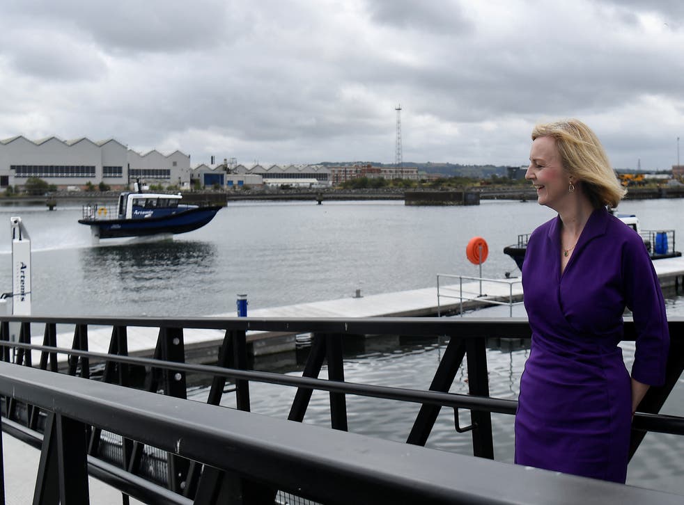Liz Truss during a campaign visit at Belfast Harbour (Clodagh Kilcoyne/PA)
