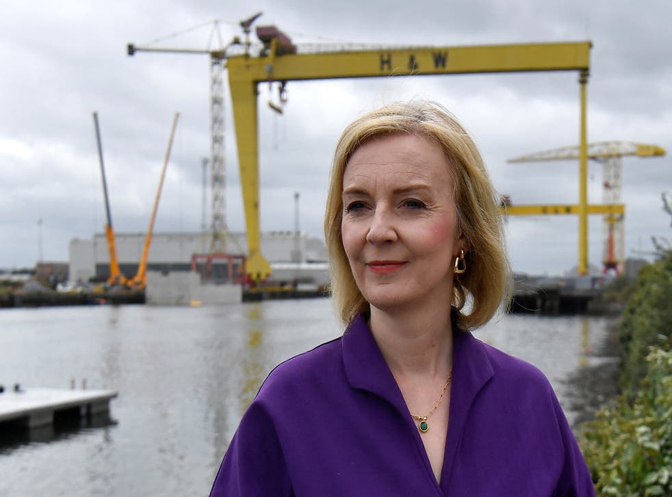 Liz Truss during a campaign visit on Belfast Harbour (Clodagh Kilcoyne/PA)