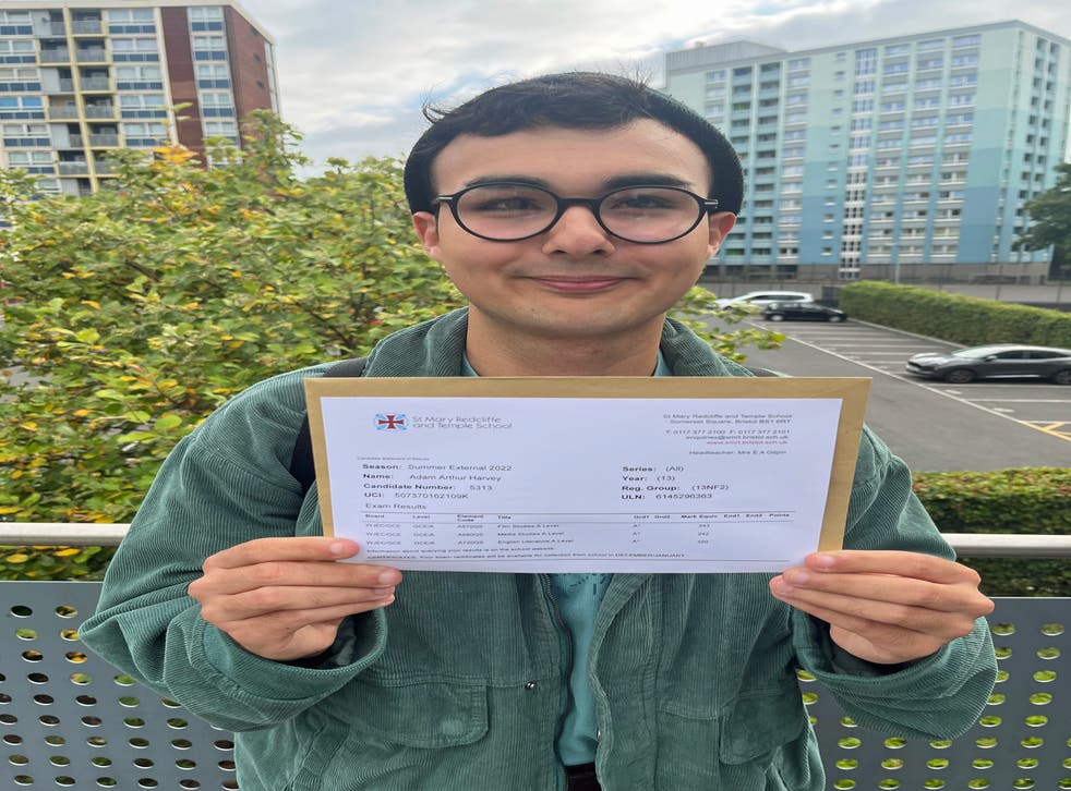 19-year-old Adam Harvey was one of many students at St Mary Redcliffe and Temple School in Bristol celebrating his A-level results (Rod Minchin/PA)