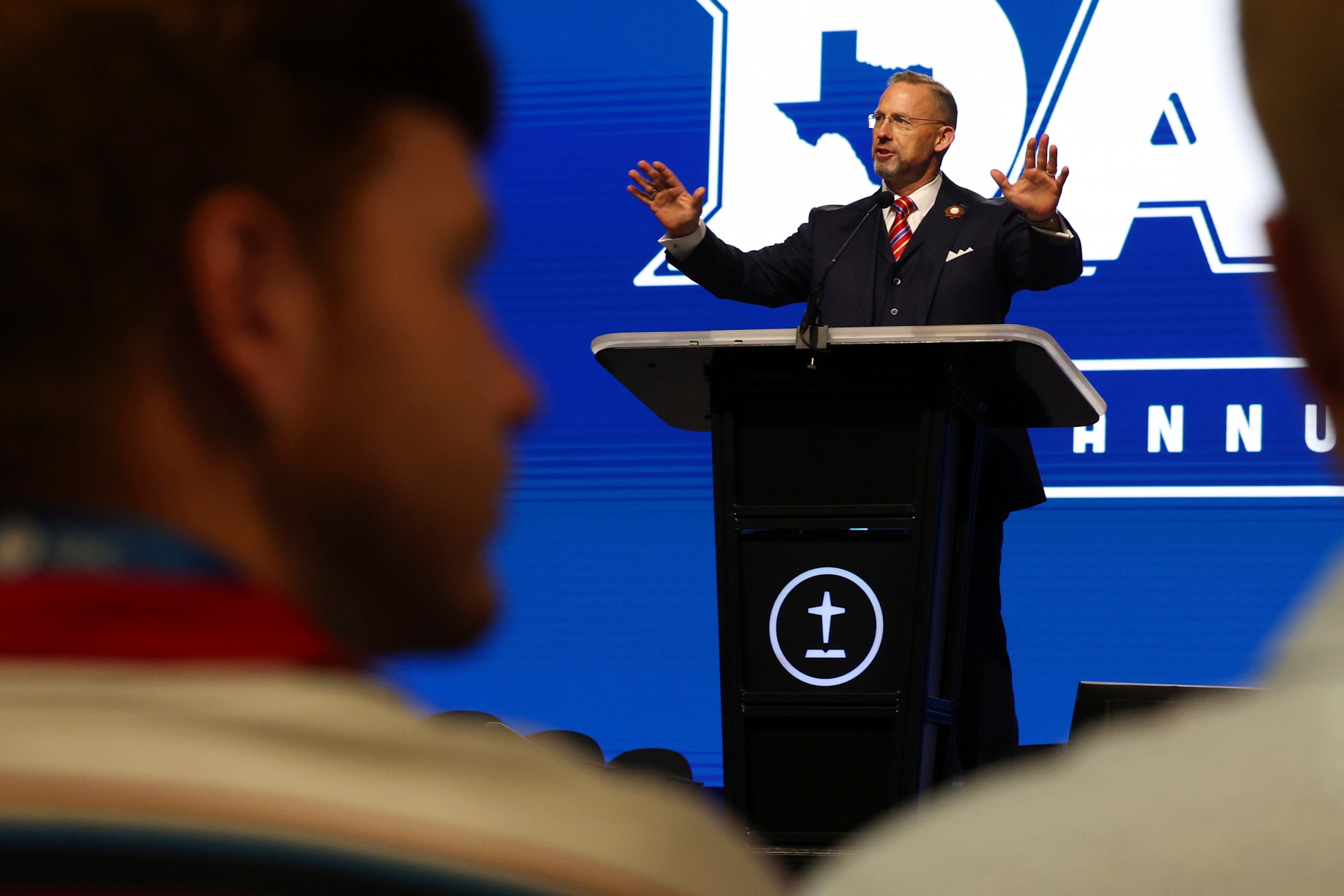 Southern Baptist Convention President Clint Pressley gives the President's Address during the 2025 SBC Annual Meeting