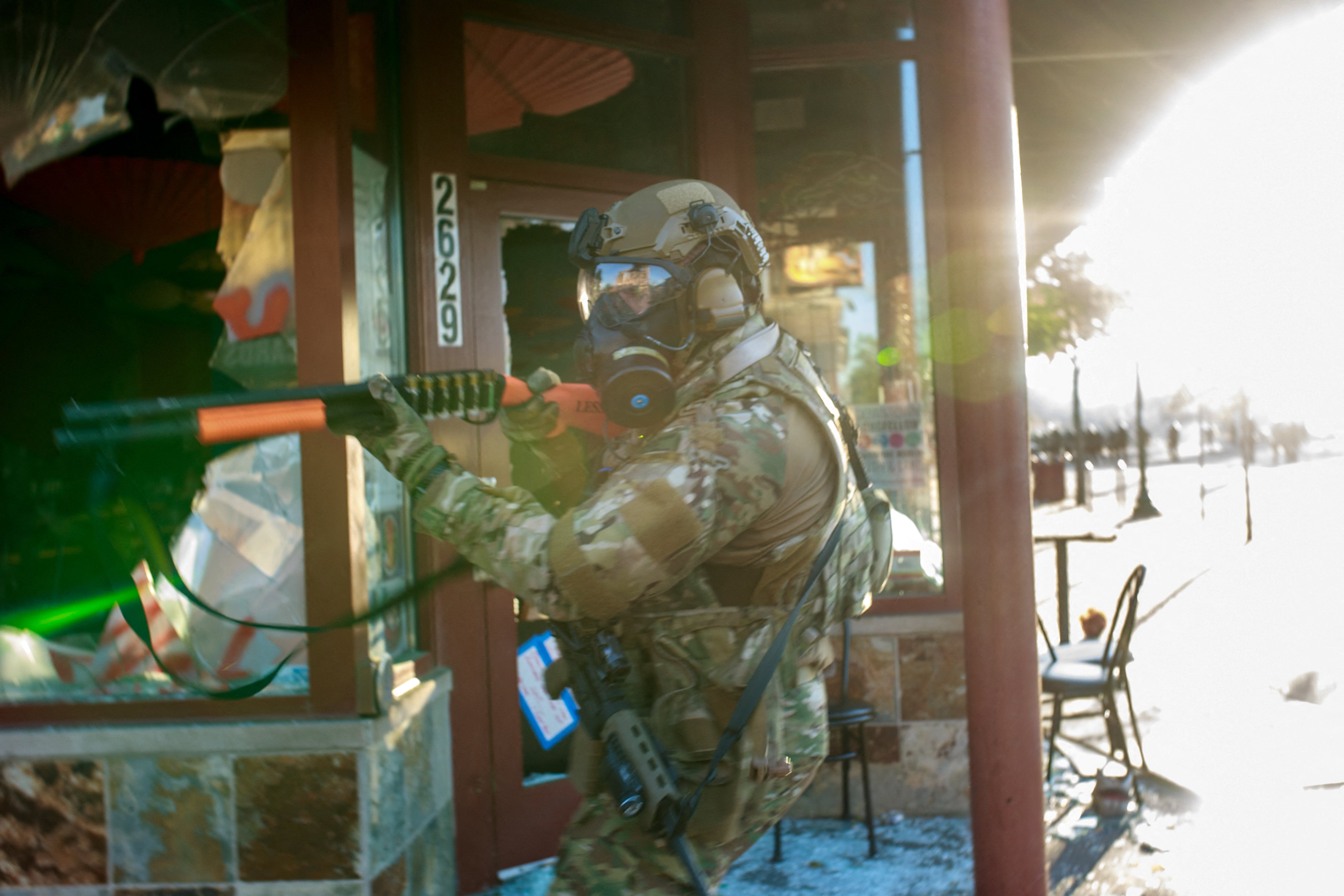 A National Guard soldier stands in a street in Minneapolis, Minnesota, on May 29, 2020, following protests in the wake of the police killing of George Floyd