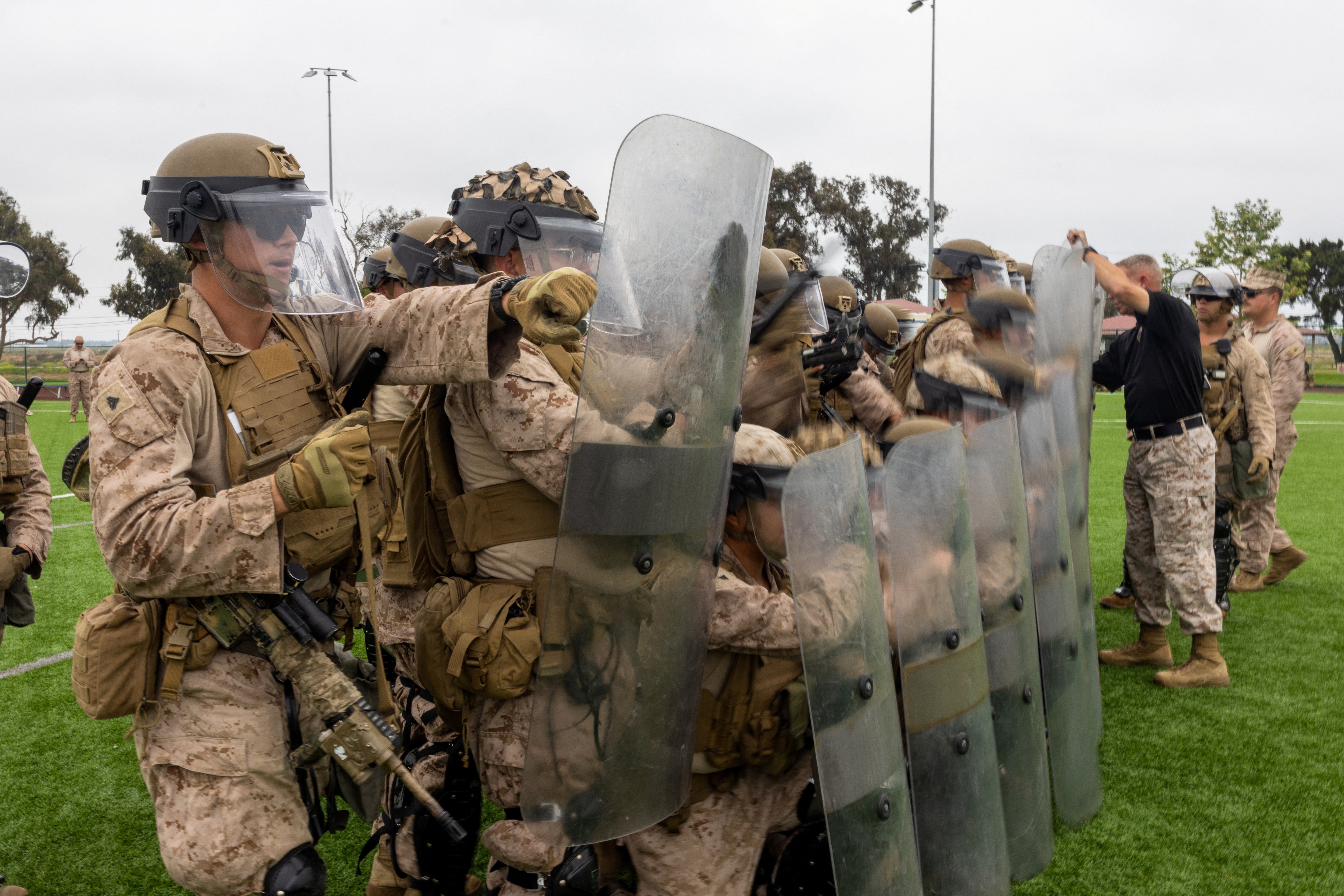 U.S. Marines placed in an alert status to respond to protests in Los Angeles rehearse crowd control tactics at a base in California on June 10, 2025