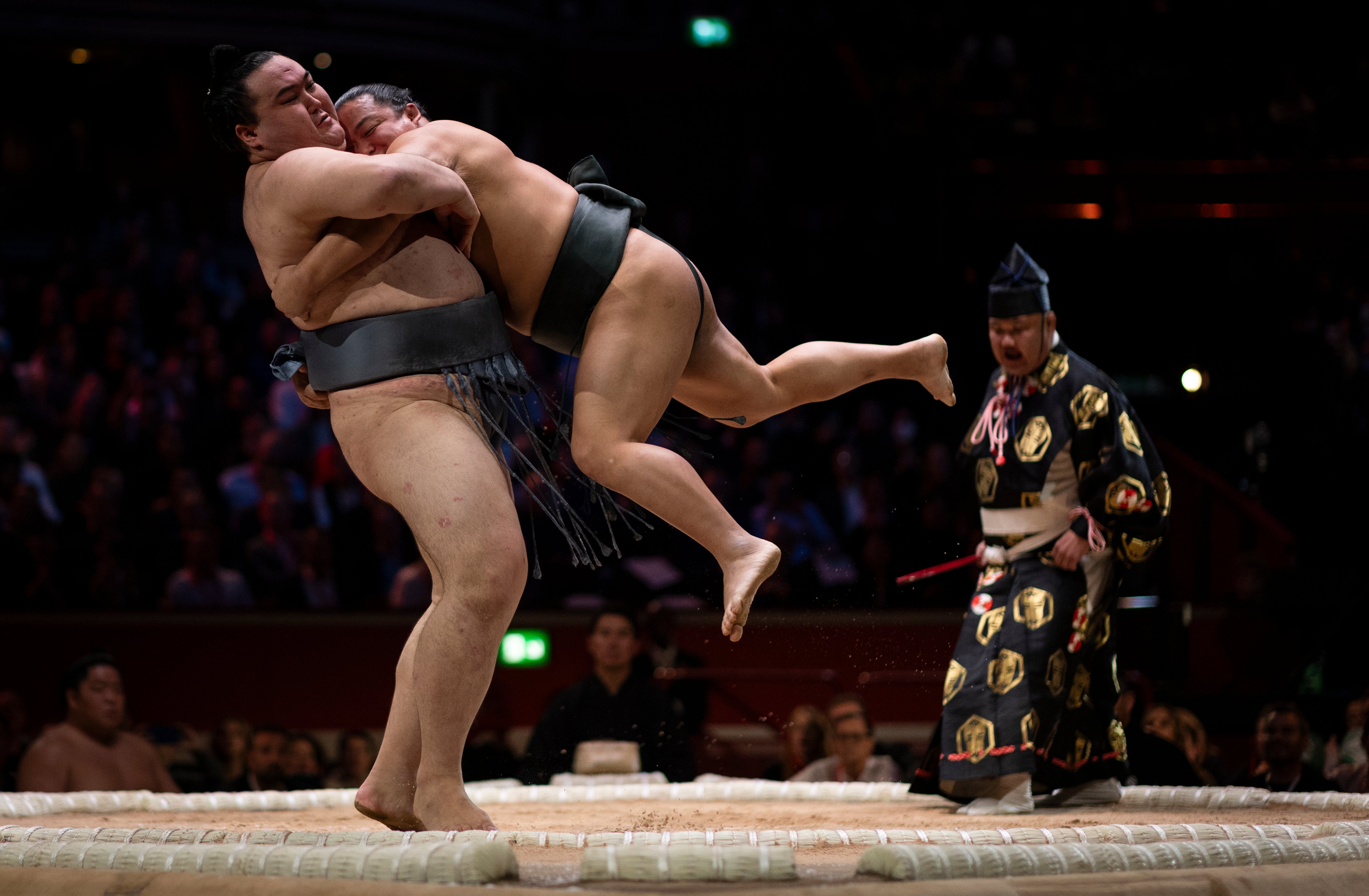 Kinbozan lifts Midorifuji during day one of The Grand Sumo Tournament at Royal Albert Hall