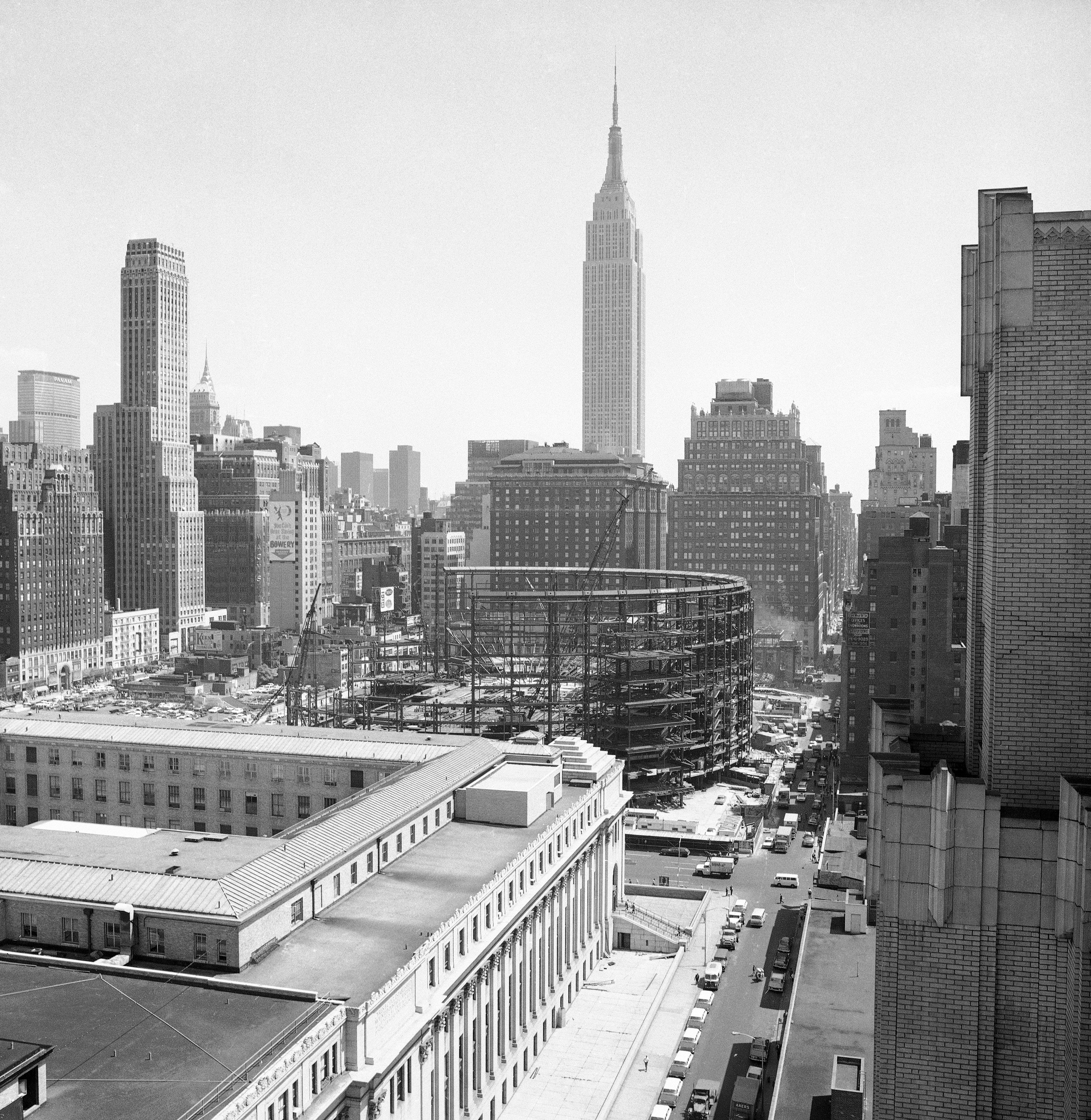 Structural steel that will become the new Madison Square Garden is constructed on the location of the demolished, historic Penn Station in New York City, Aug. 29, 1966