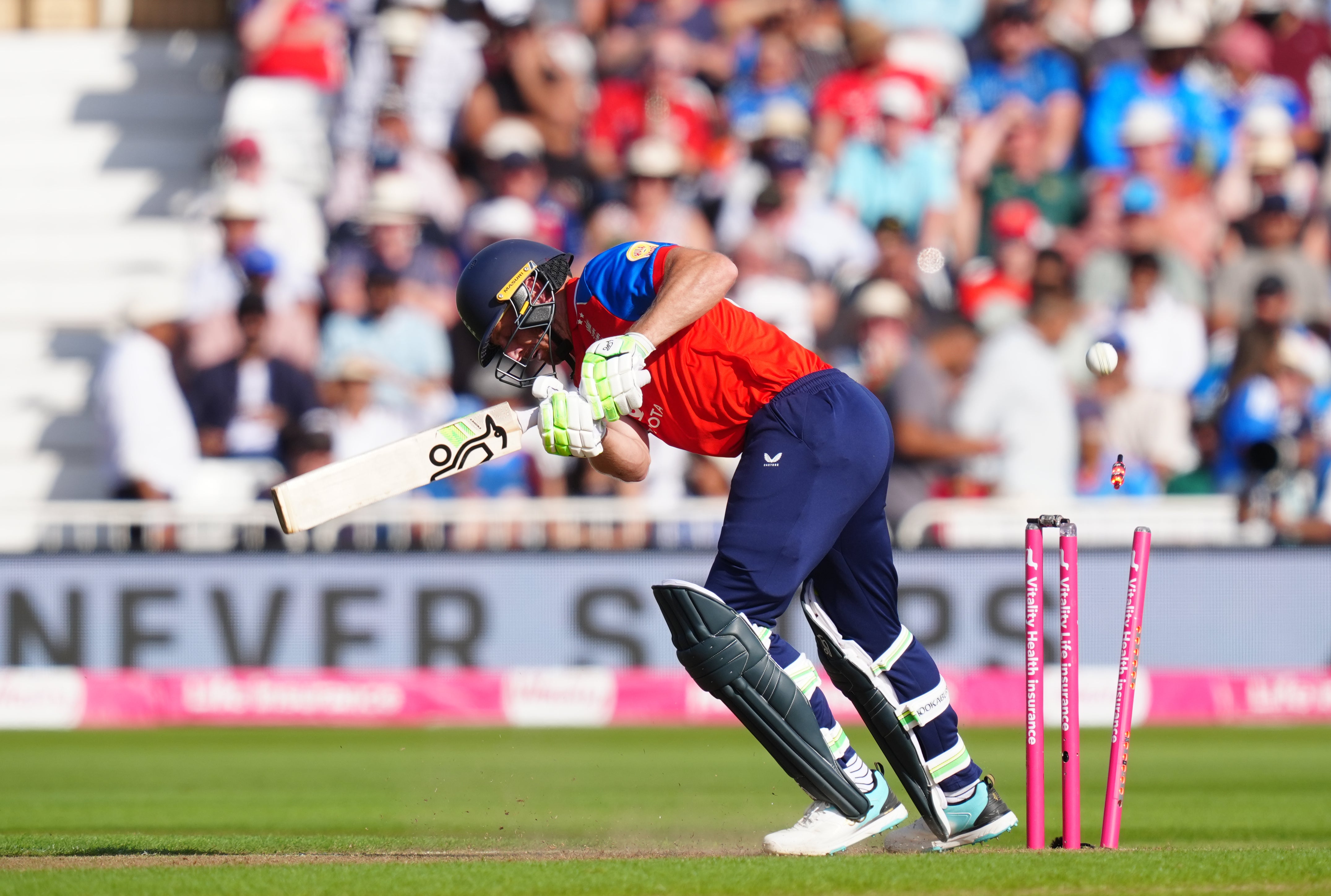 England’s Jos Buttler is bowled by India’s Prince Yadav (David Davies/PA)