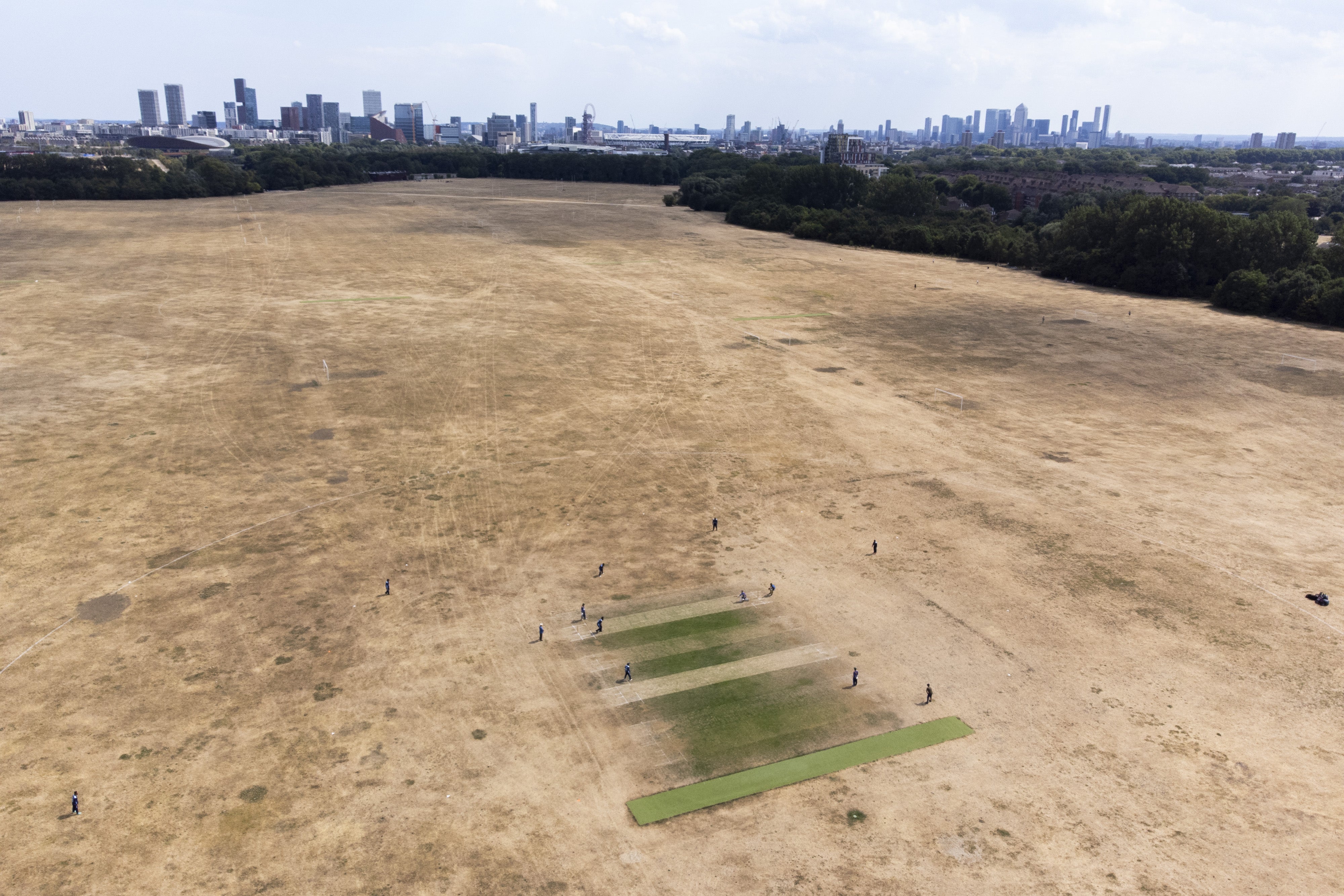 Cricketers play on small patches of green grass surrounded by scorched earth at Hackney Marshes, east London (Ben Whitley/PA)