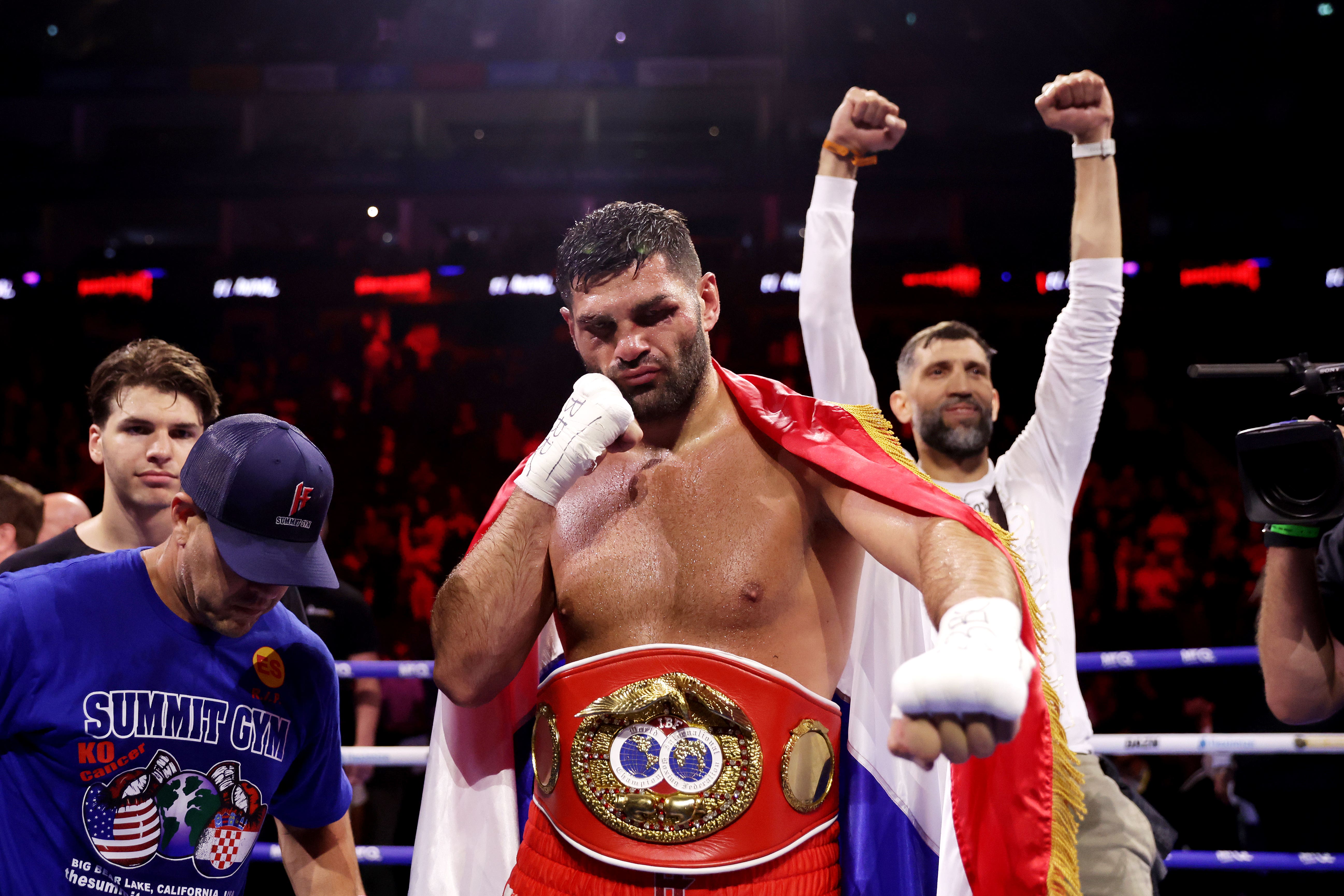 Filip Hrgovic celebrates after winning the IBF World Heavyweight title bout against Moses Itauma at The O2 Arena, London