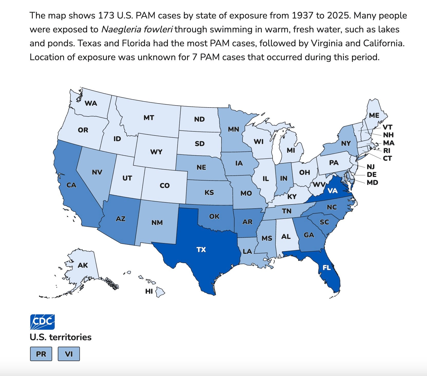 This Centers for Disease Control and Prevention map shows where cases of Naegleria fowleri have been the highest across the U.S. from 1937 to 2025. The states shaded in the darkest blue color have the highest numbers and those in grey, with lower cases represented by lighter and lighter blues. Those in grey have not seen any cases