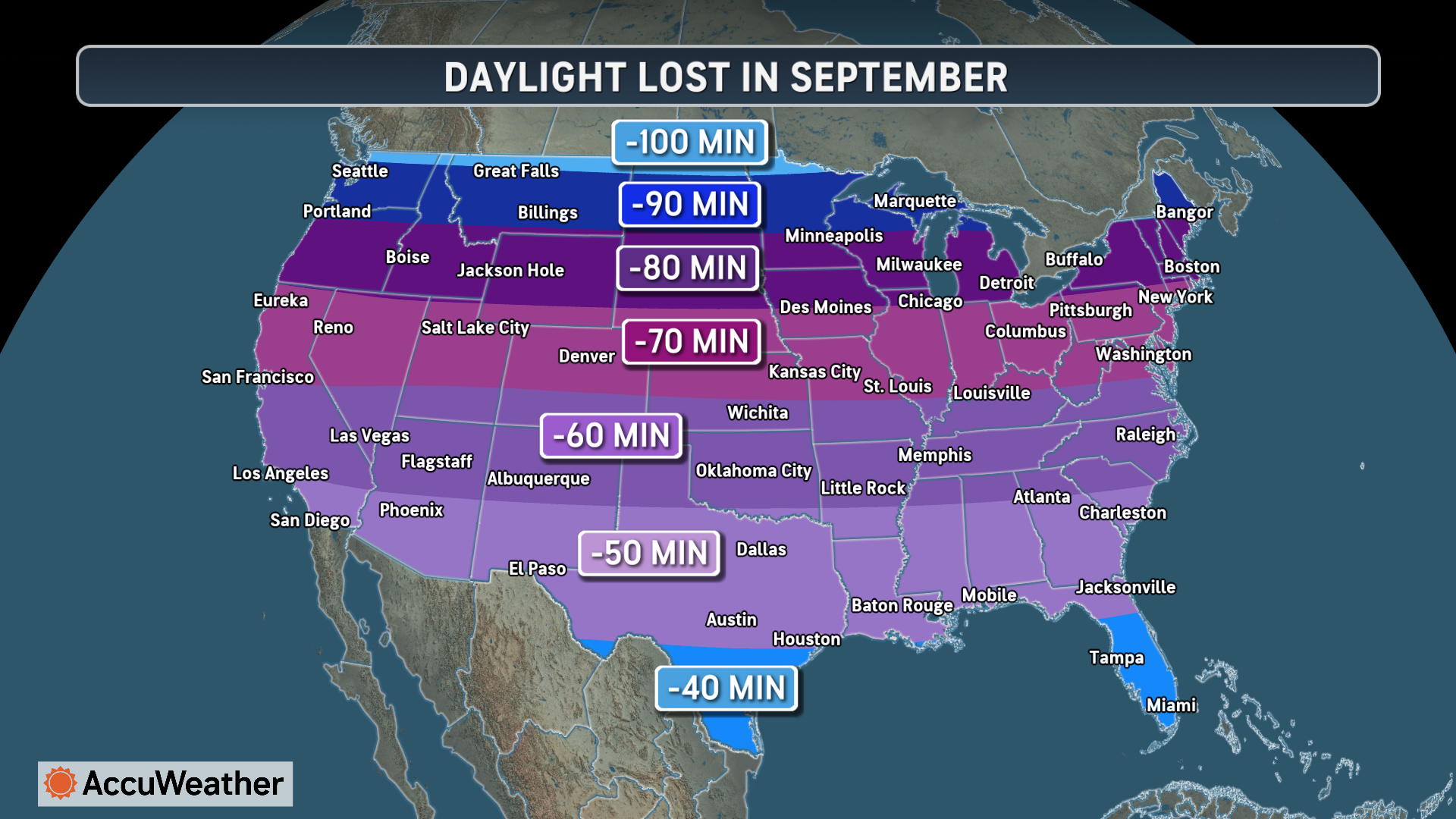 This map from AccuWeather shows the daylight expected to be lost this September across the U.S. The northern states will lose the most daylight