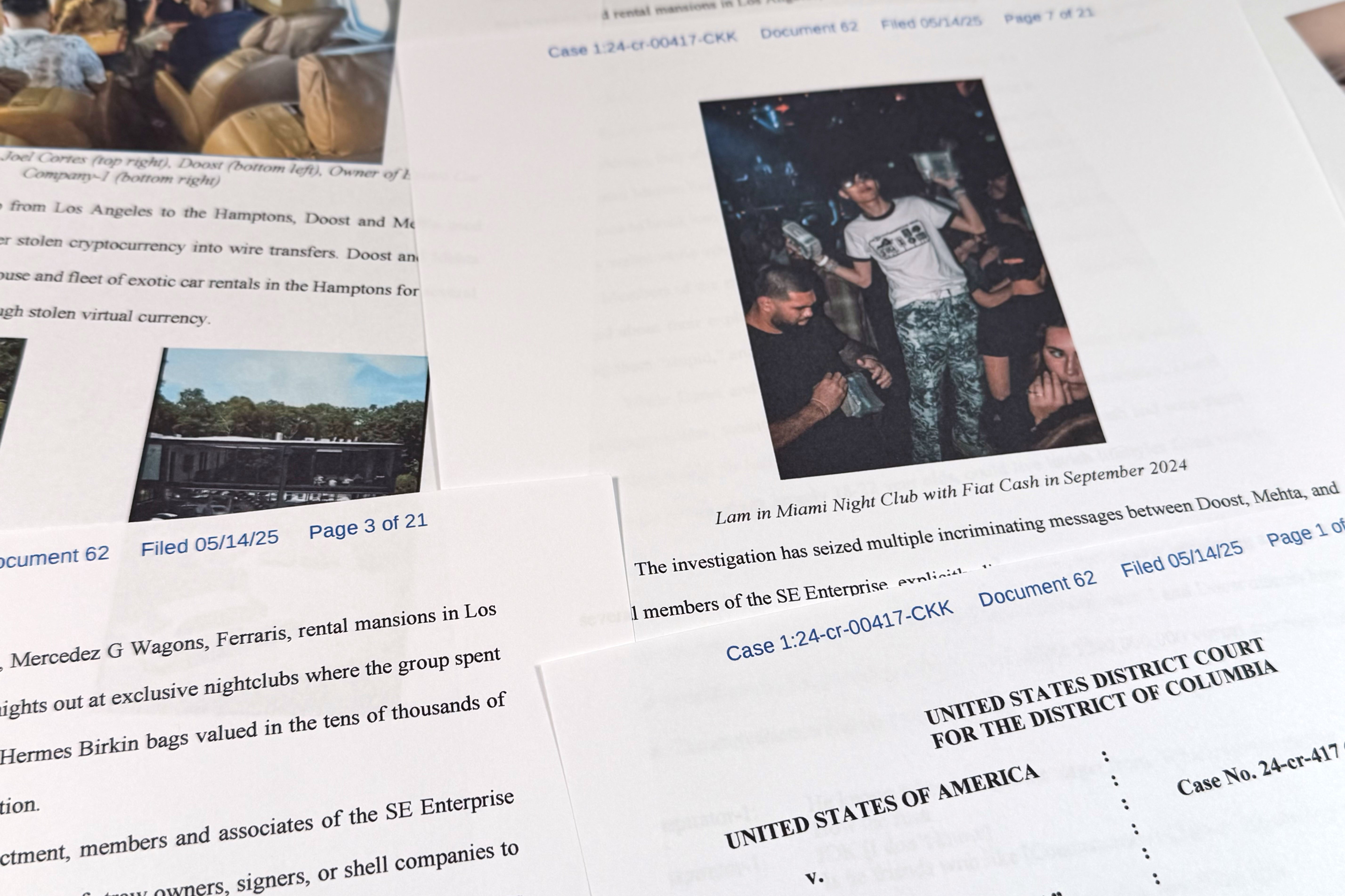 This Justice Department court filing in the case against Hamza Doost and Kunal Mehta, that includes a photo of Malone Lam, is photographed Friday, Sept. 4, 2026. (AP Photo/Jon Elswick)