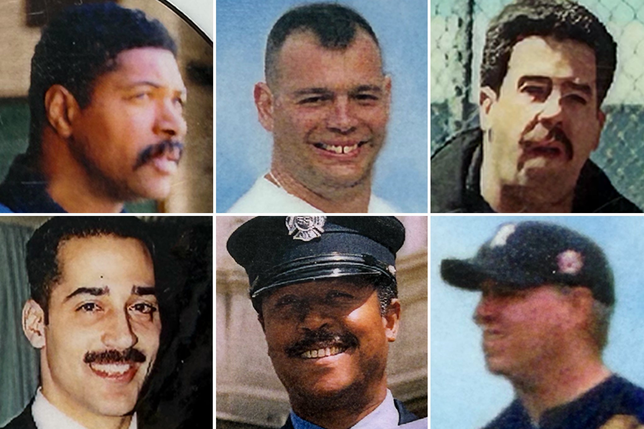 The crew of Ladder 118 is seen in photos from their funeral memorial cards. Top row, from left: Leon Smith, Scott Davidson, Peter Vega. Bottom row, from left: Joseph Agnello, Vernon Cherry and Robert Regan