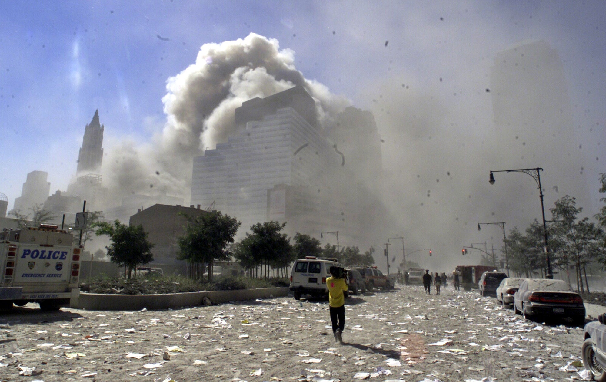 A street in New York's lower Manhattan area littered with debris after the collapse of the twin towers