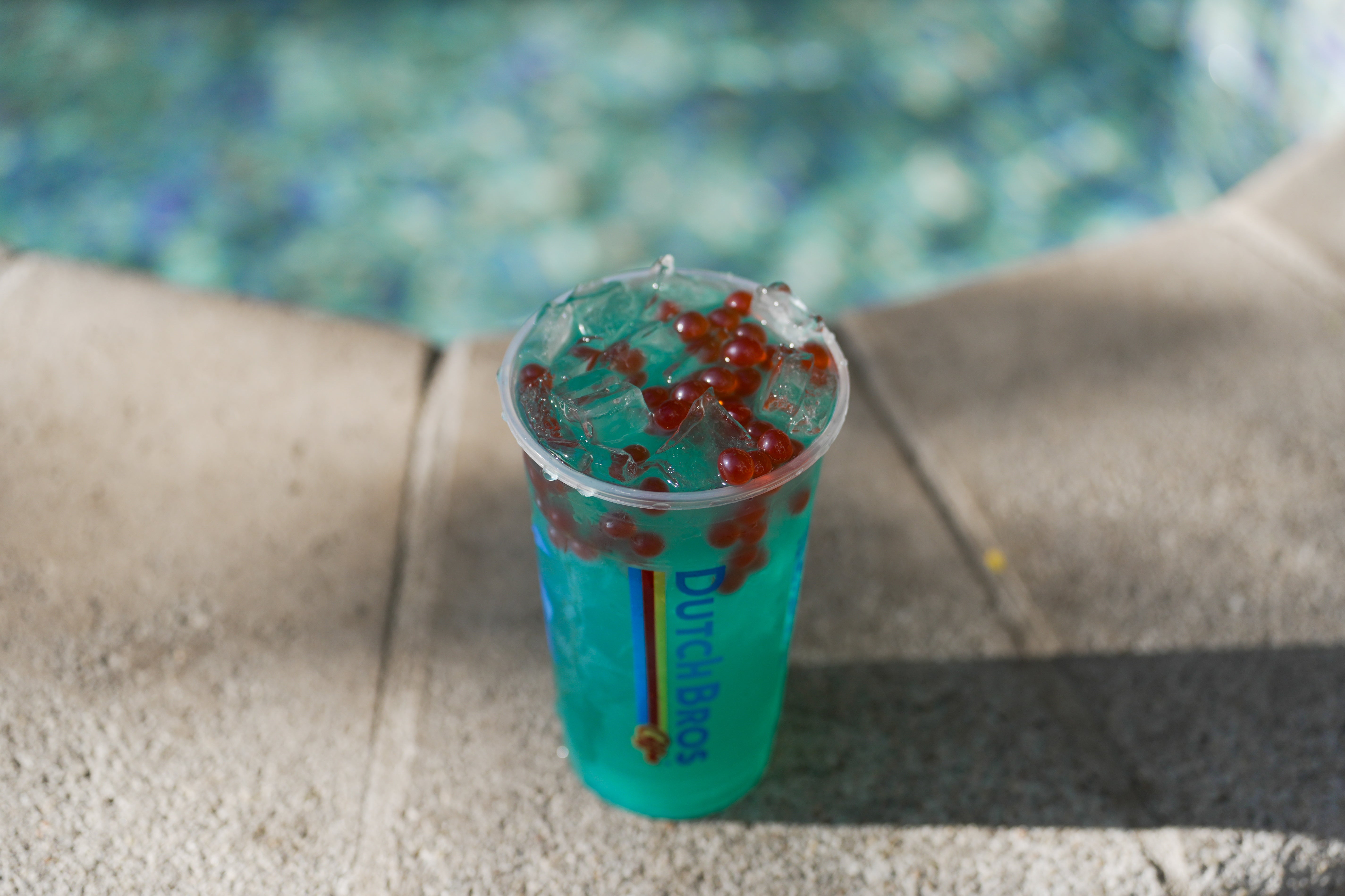 A Dutch Bros drink with Poppin' Boba is displayed in Los Angeles