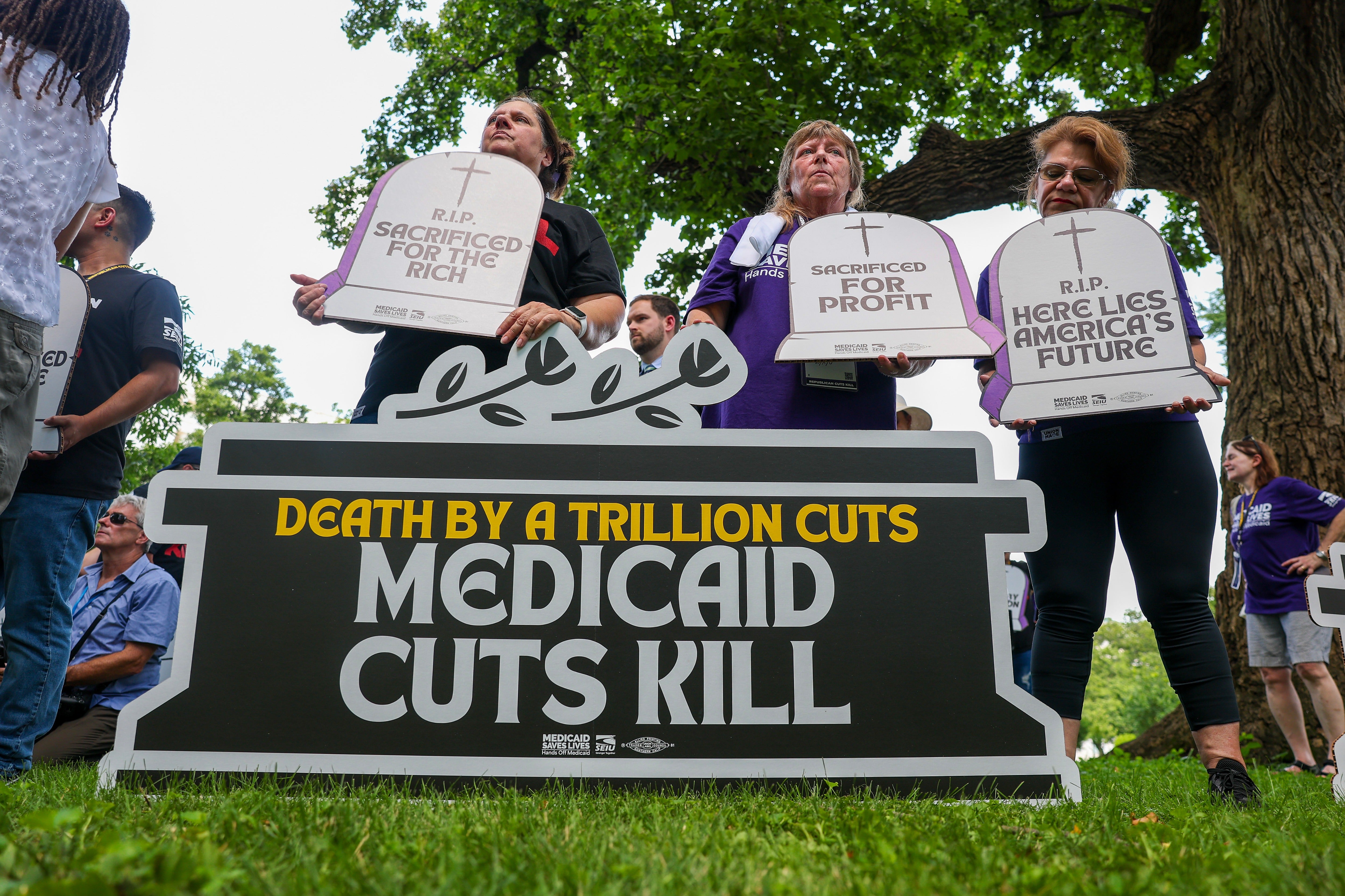 Care workers protest at the US Capitol on June 23, 2025 in Washington, DC to denounce Medicaid cuts