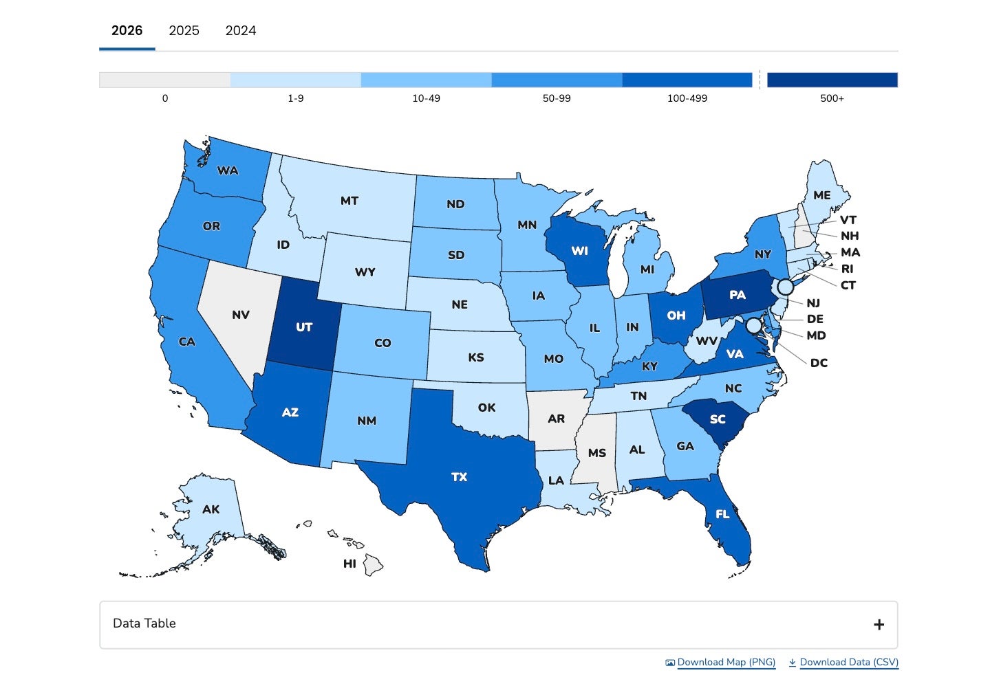 This map, updated last Friday, from the Centers for Disease Control and Prevention shows where measles cases are the highest in the U.S. The states with the fewest cases are in the lightest blue. States with the highest cases are in the darkest blue