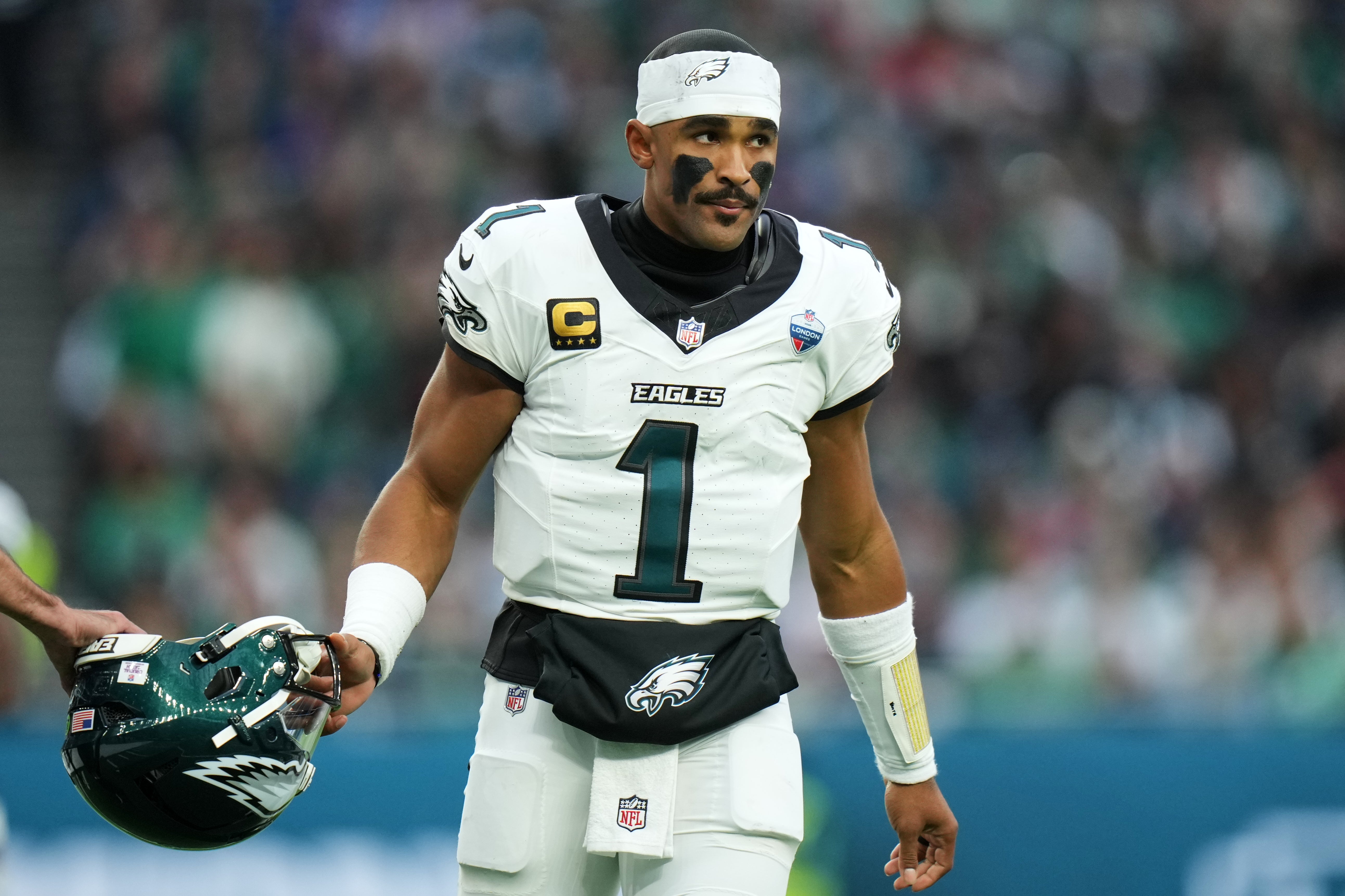 Hurts stands on the field during the football game against Jacksonville Jaguars in London, Sunday, Oct. 11, 2026