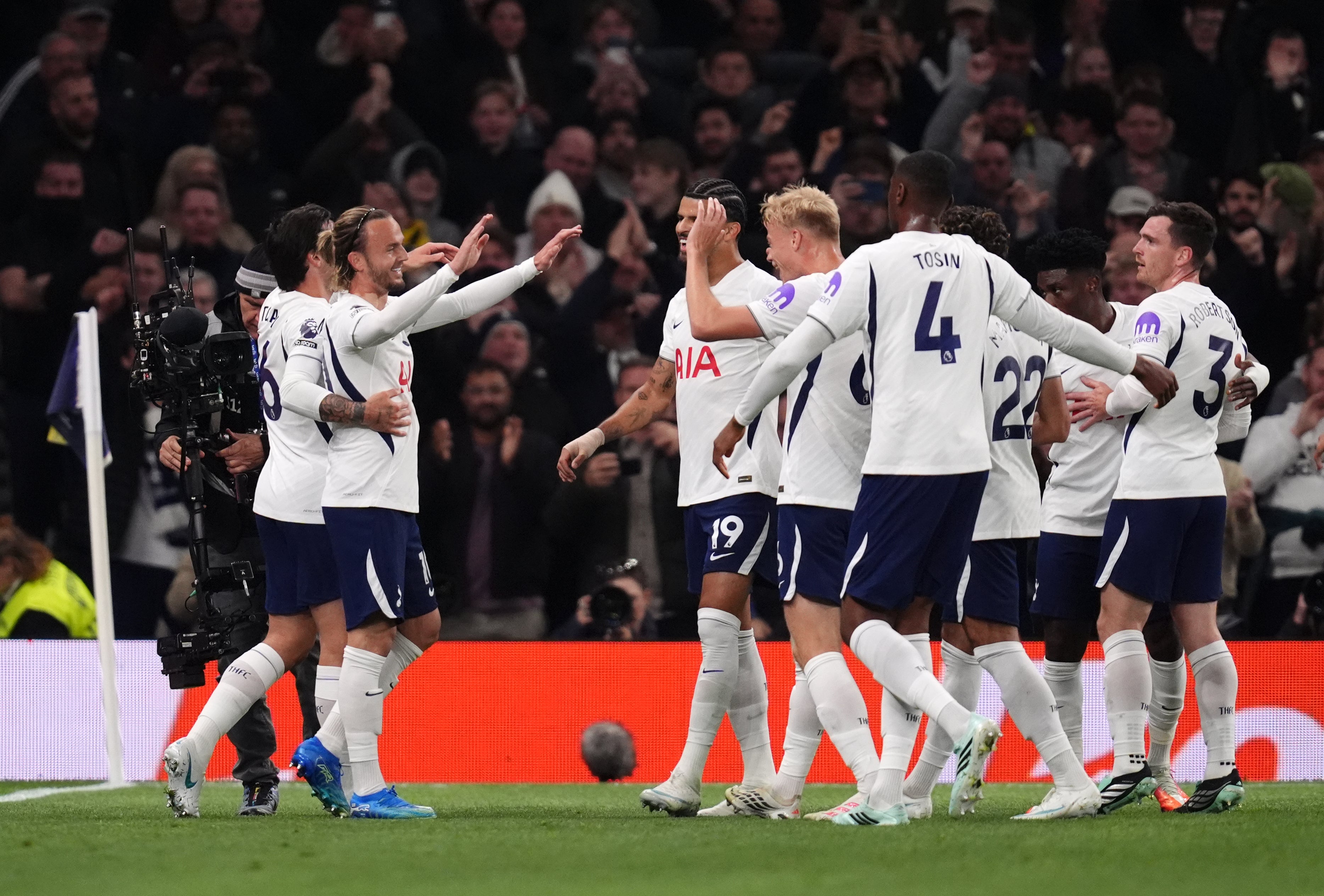 Tottenham’s James Maddison, second left, enjoyed his goal (John Walton/PA)