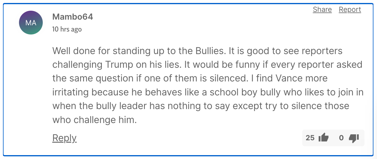 ‘Well done for standing up to the Bullies,’ wrote Mambo64