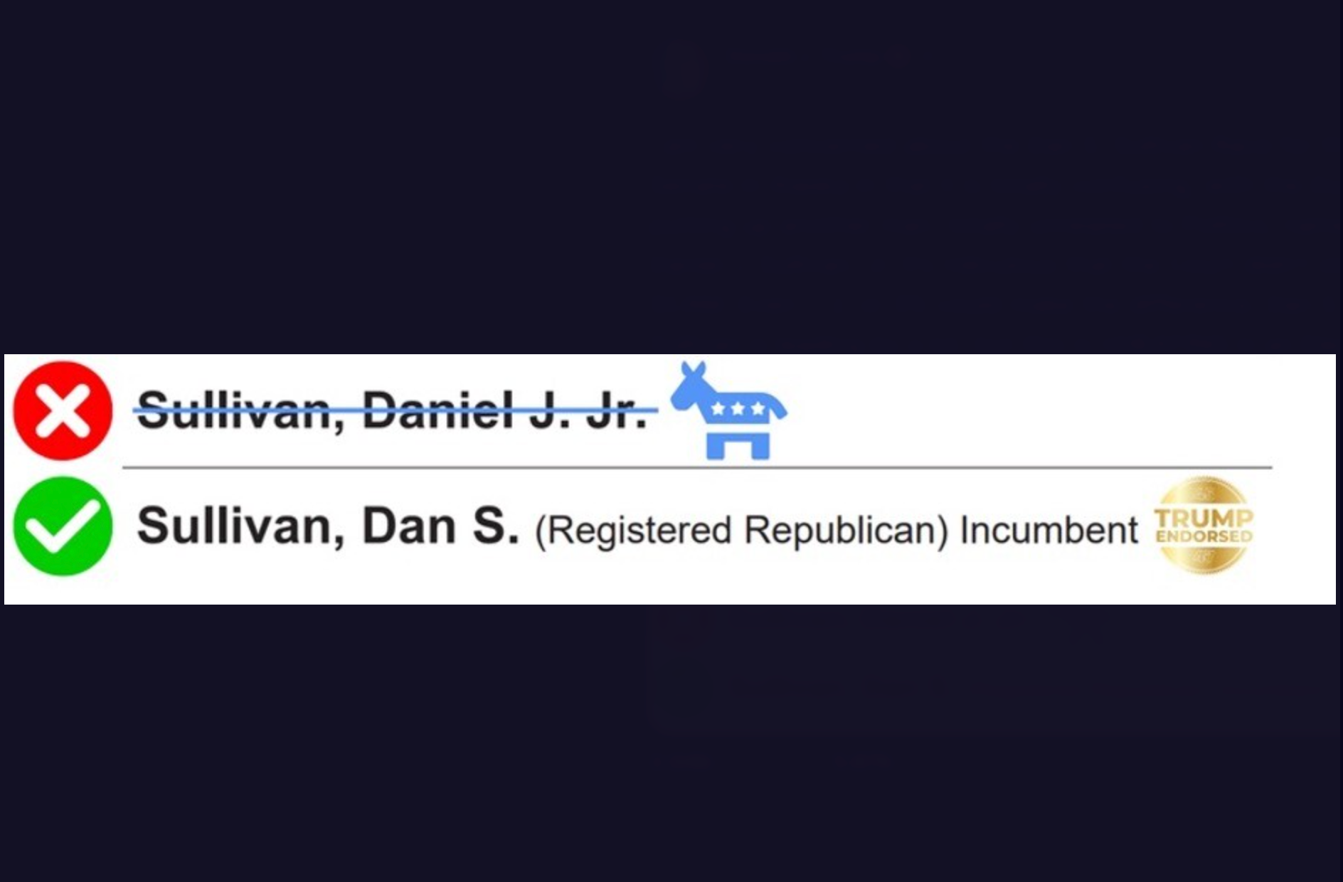 Trump included this image with his post, which shows the retired teacher's name crossed out and marked with the symbol of the Democratic Party