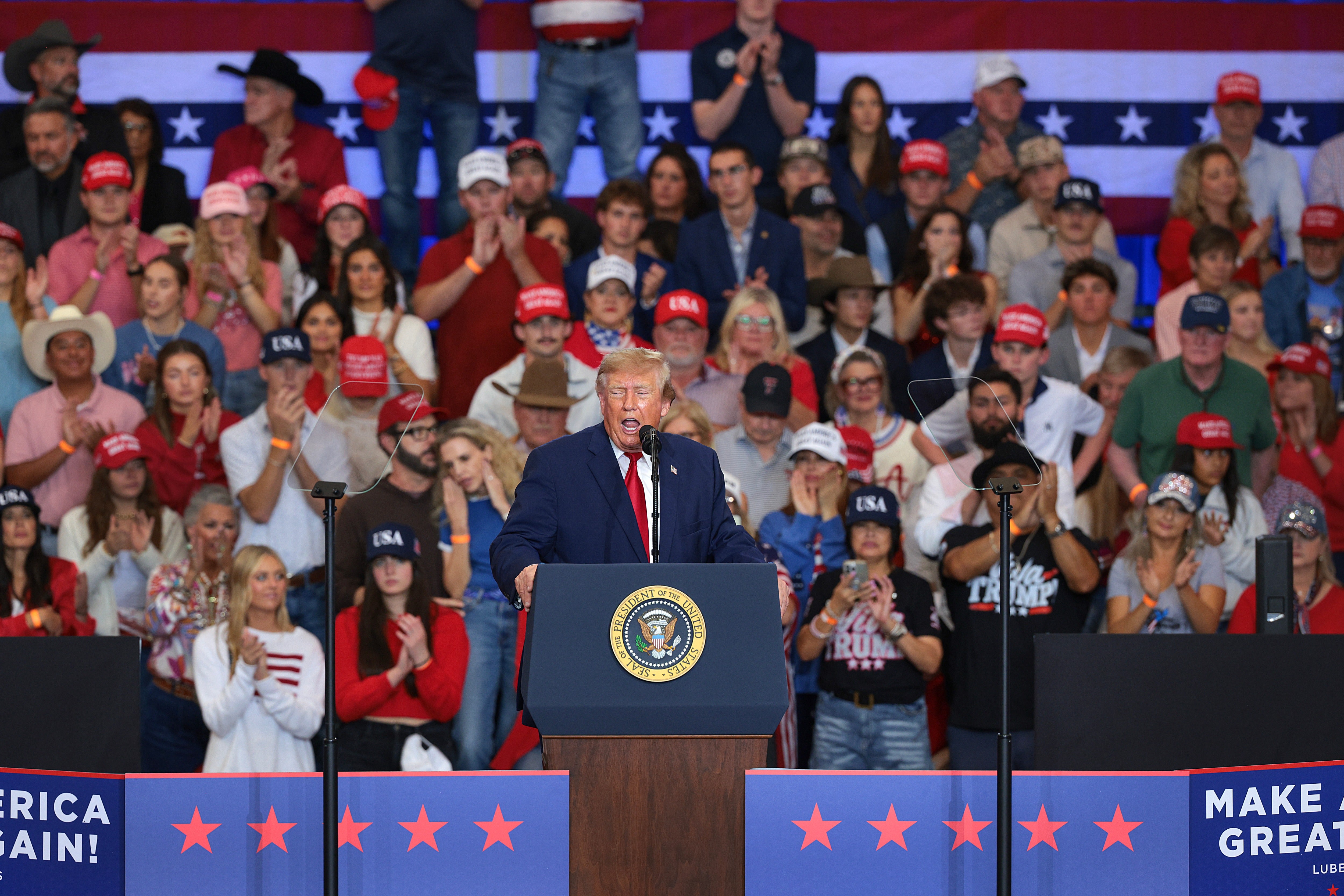 Trump delivers remarks during a campaign rally at Lubbock Memorial Civic Center on October 27, 2026 in Lubbock, Texas