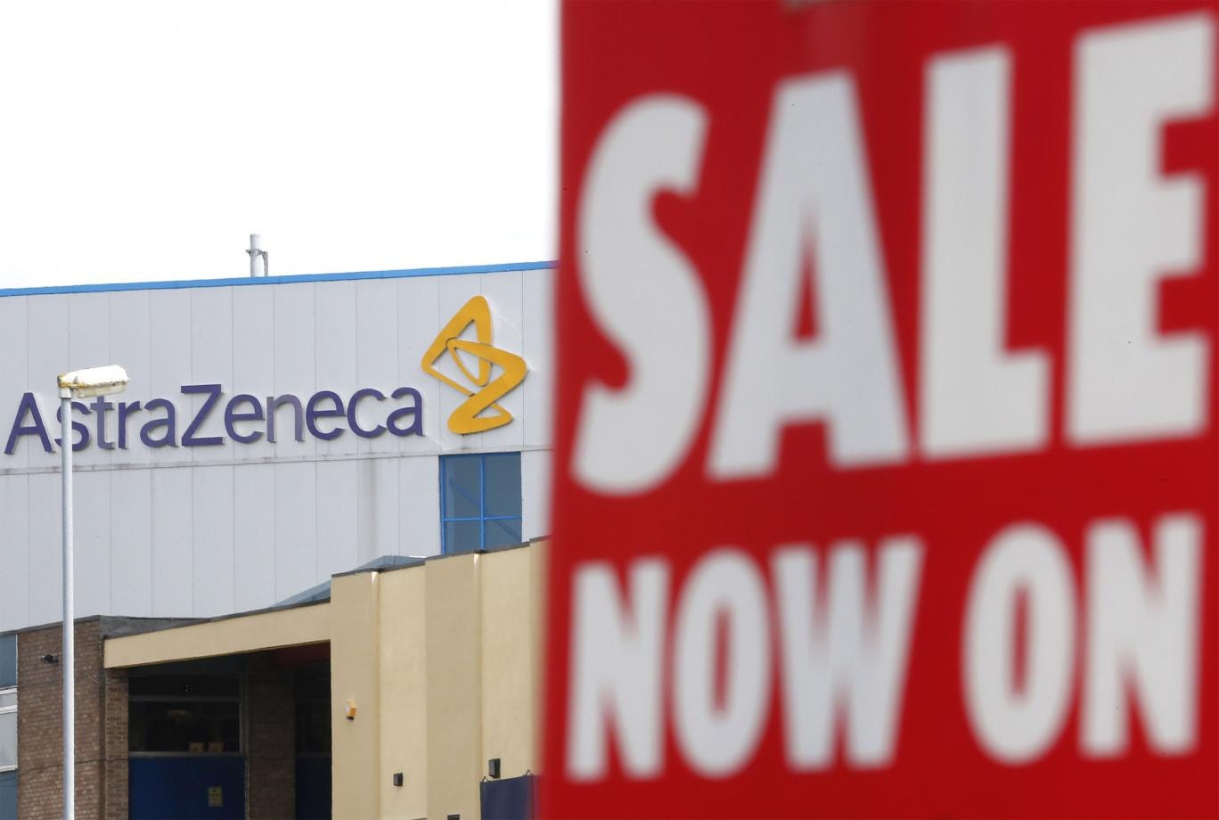 A sale sign hangs near the AstraZeneca site in Macclesfield