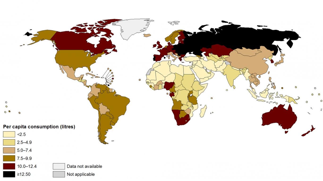 Total alcohol per capita (15+ years) consumption, in litres of pure alcohol, 2010