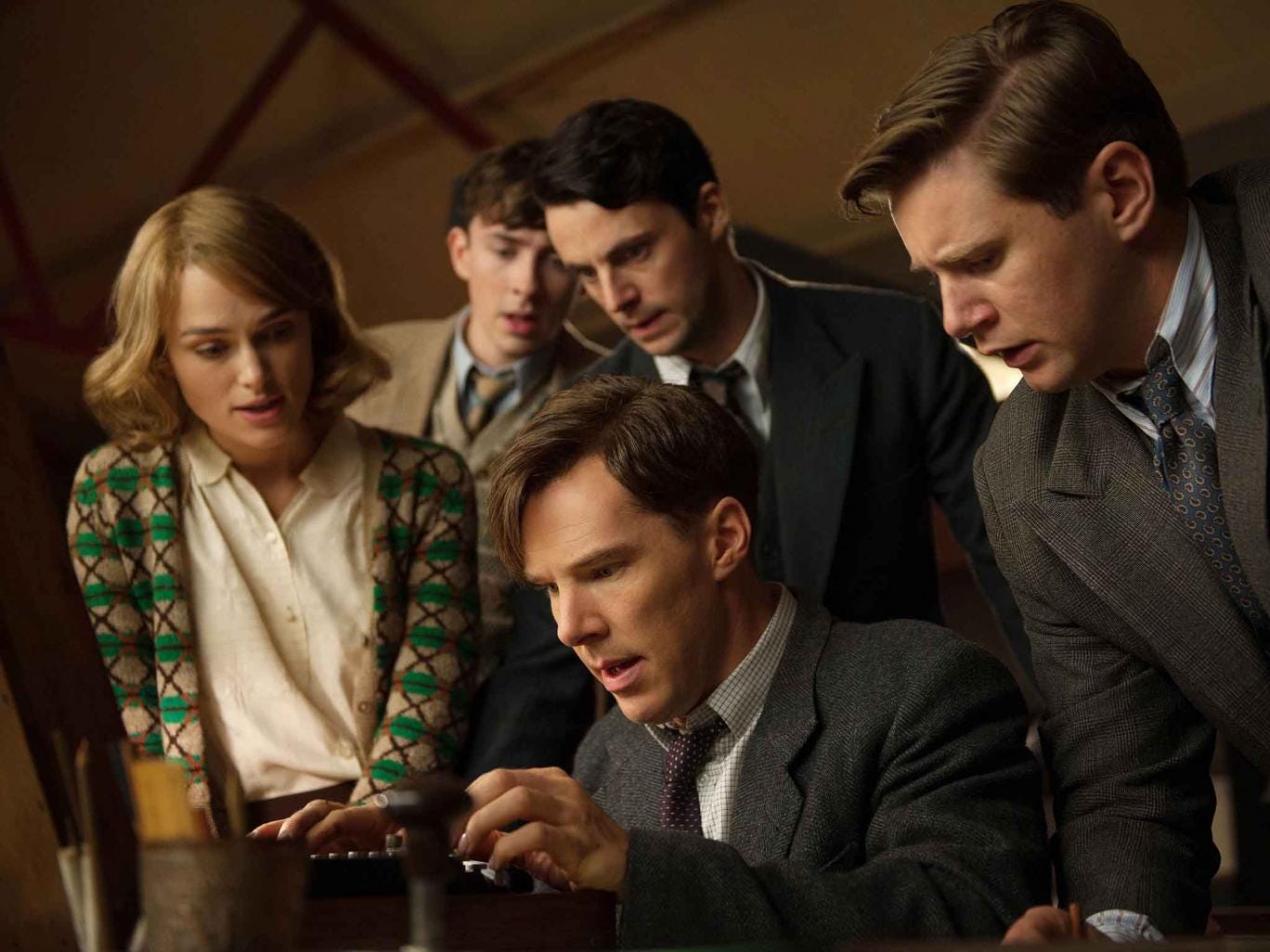 Keira Knightley, Matthew Beard, Matthew Goode, Benedict Cumberbatch, and Allen Leech in Imitation Game (Snap Stills/REX)