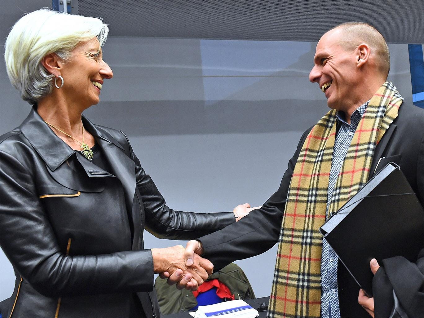 International Monetary Fund director Christine Lagarde greets Greek Finance Minister Yanis Varoufakis on Wednesday
