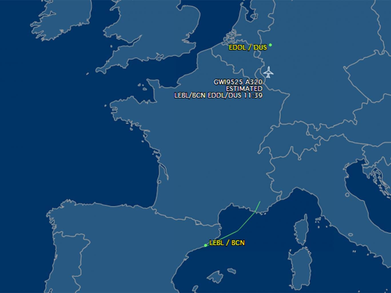 Screengrab from the flight tracking website Flightaware, appearing to show the path of the Barcelona-Dusseldorf flight 