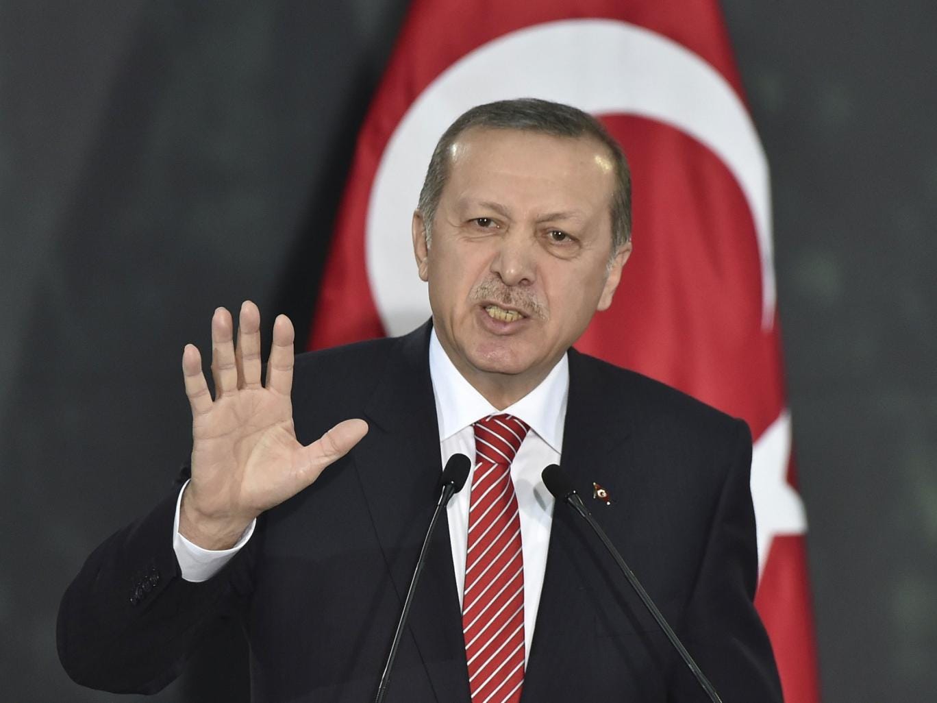 Turkish President Recep Tayyip Erdogan speaks at the National Palace in Mexico City on February 12, 2015. Erdogan is in Mexico on a two-day official visit. 
