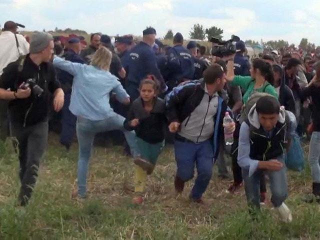 A Hungarian camerawoman, center left in blue, kicks out at a young migrant who had just crossed the border from Serbia  near Roszke Hungary Tuesday Sept. 8, 2015. 