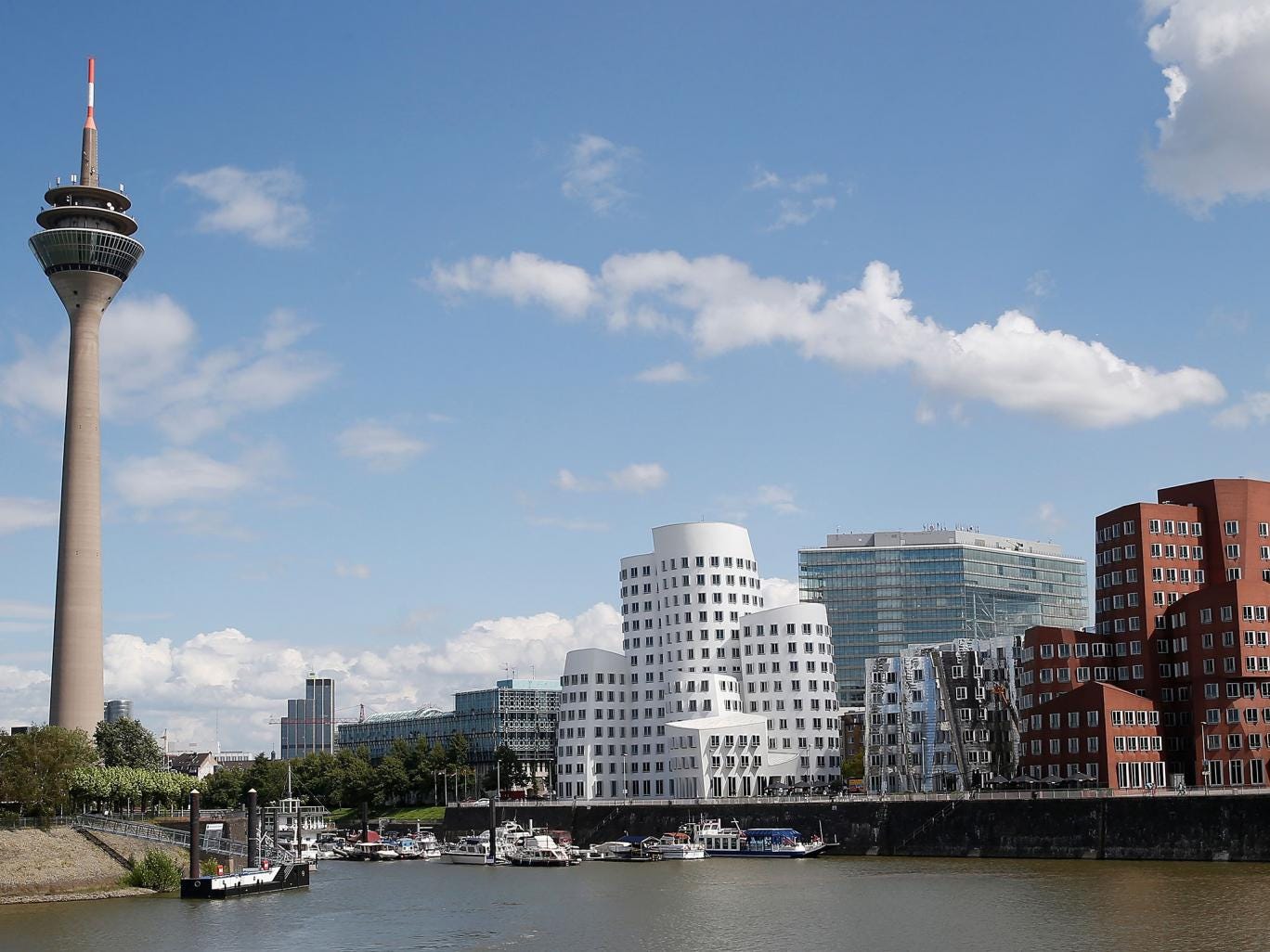 An overview of buildings are pictured at Duesseldorf media harbor on August 12, 2014 in Duesseldorf, Germany