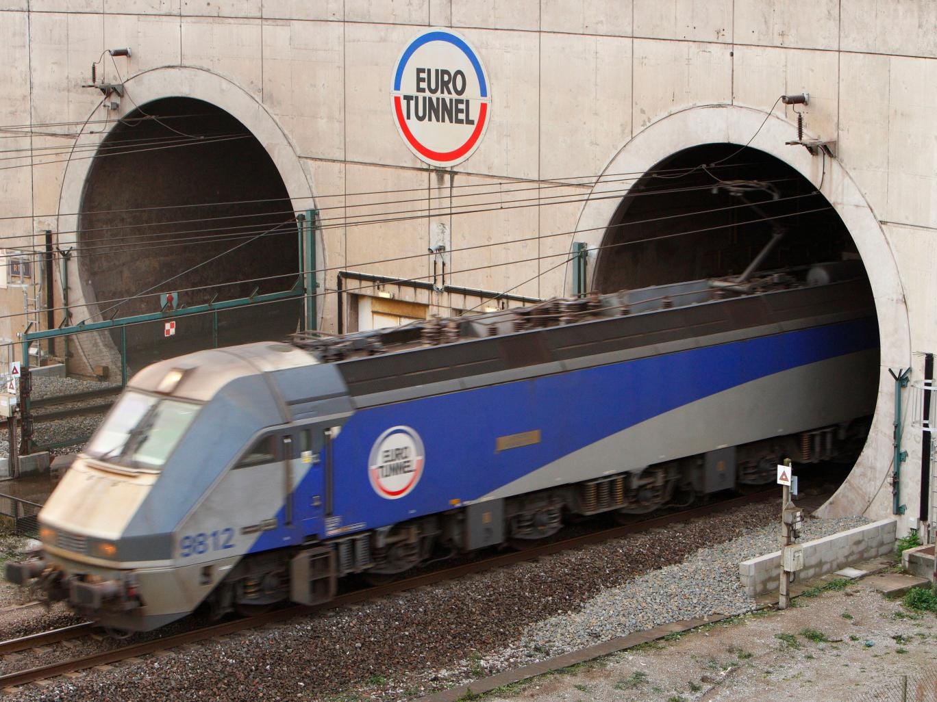 a train leaving the Euro Tunnel at Coquelles in France