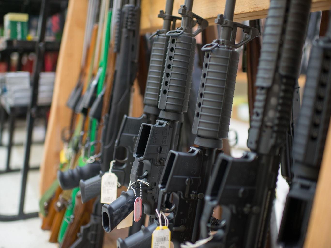 Guns are on display at Roseburg Gun Shop in Roseburg, Oregon